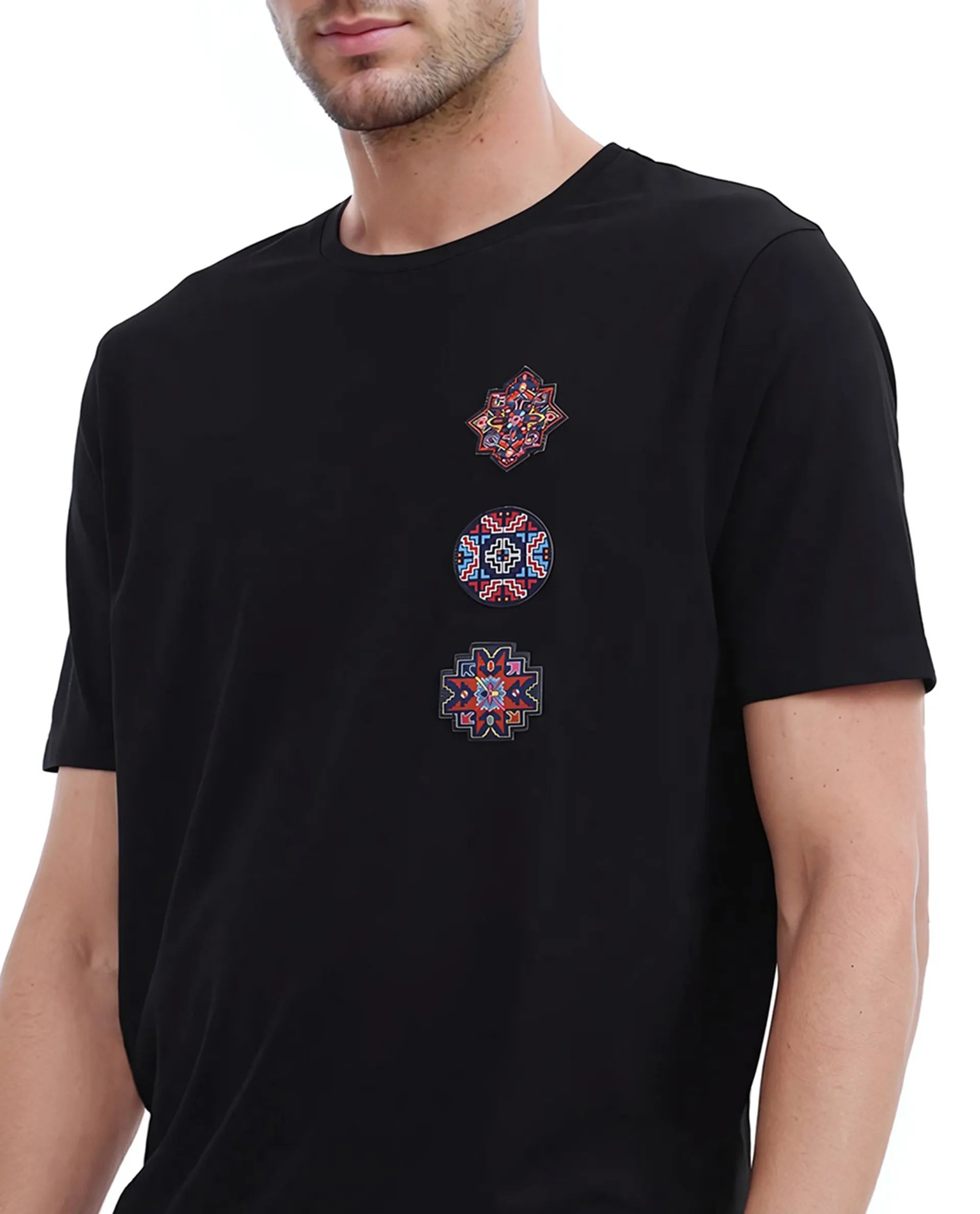 Rare Rabbit Men Bale Black Cotton Blend Fabric Short Sleeve Crew Neck Relaxed Fit Label T-Shirt