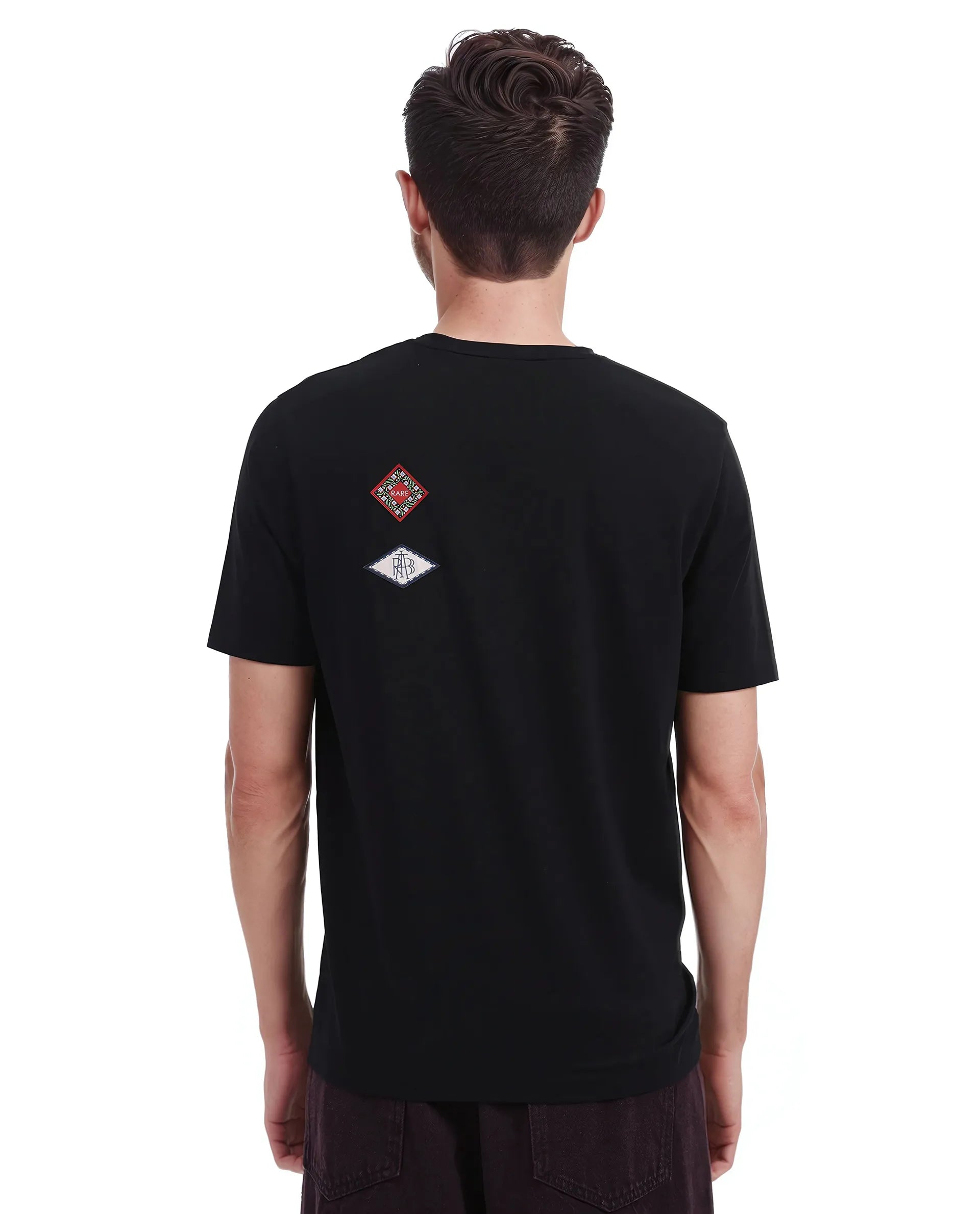 Rare Rabbit Men Bale Black Cotton Blend Fabric Short Sleeve Crew Neck Relaxed Fit Label T-Shirt