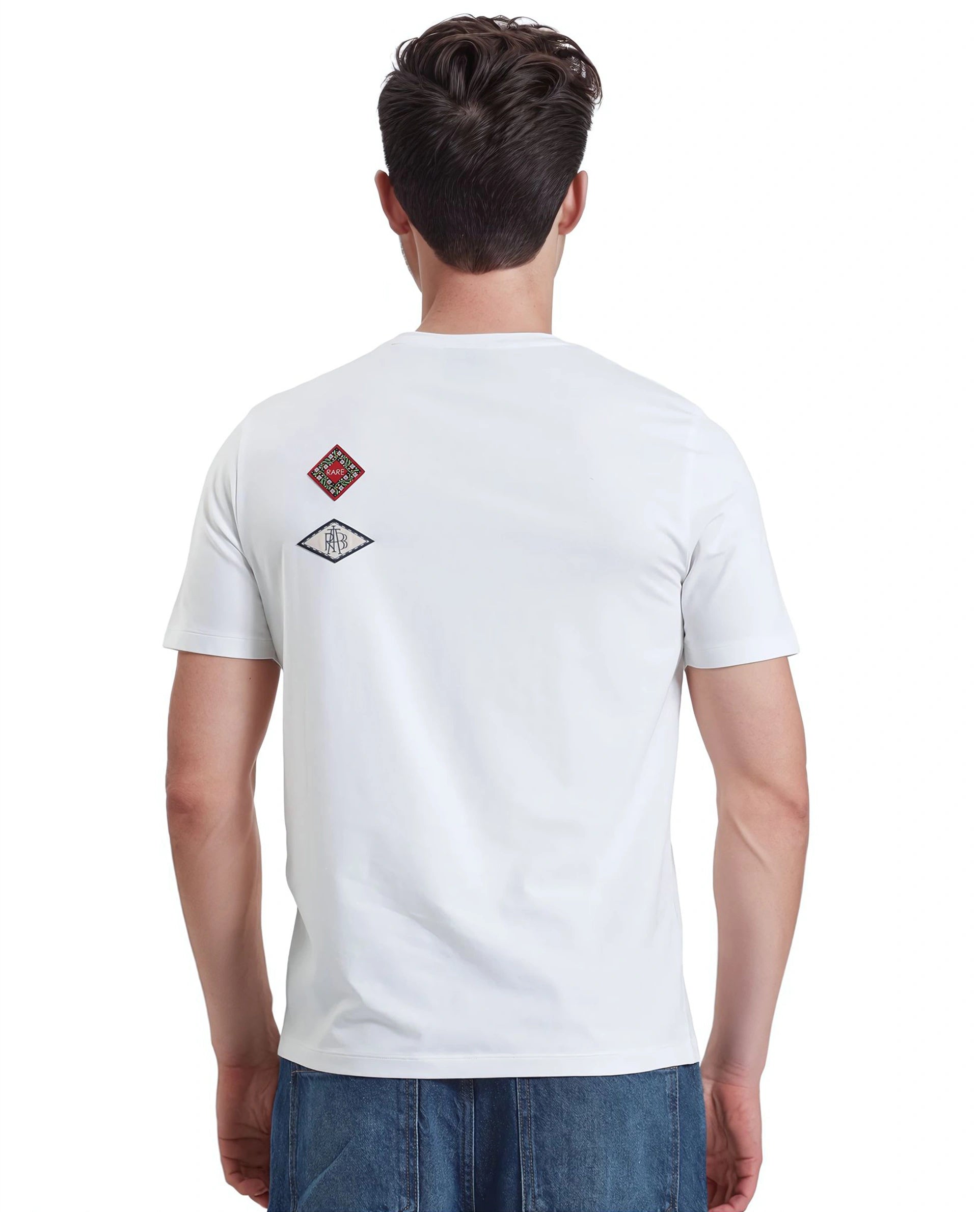 Rare Rabbit Men Bale White Cotton Blend Fabric Short Sleeve Crew Neck Relaxed Fit Label T-Shirt