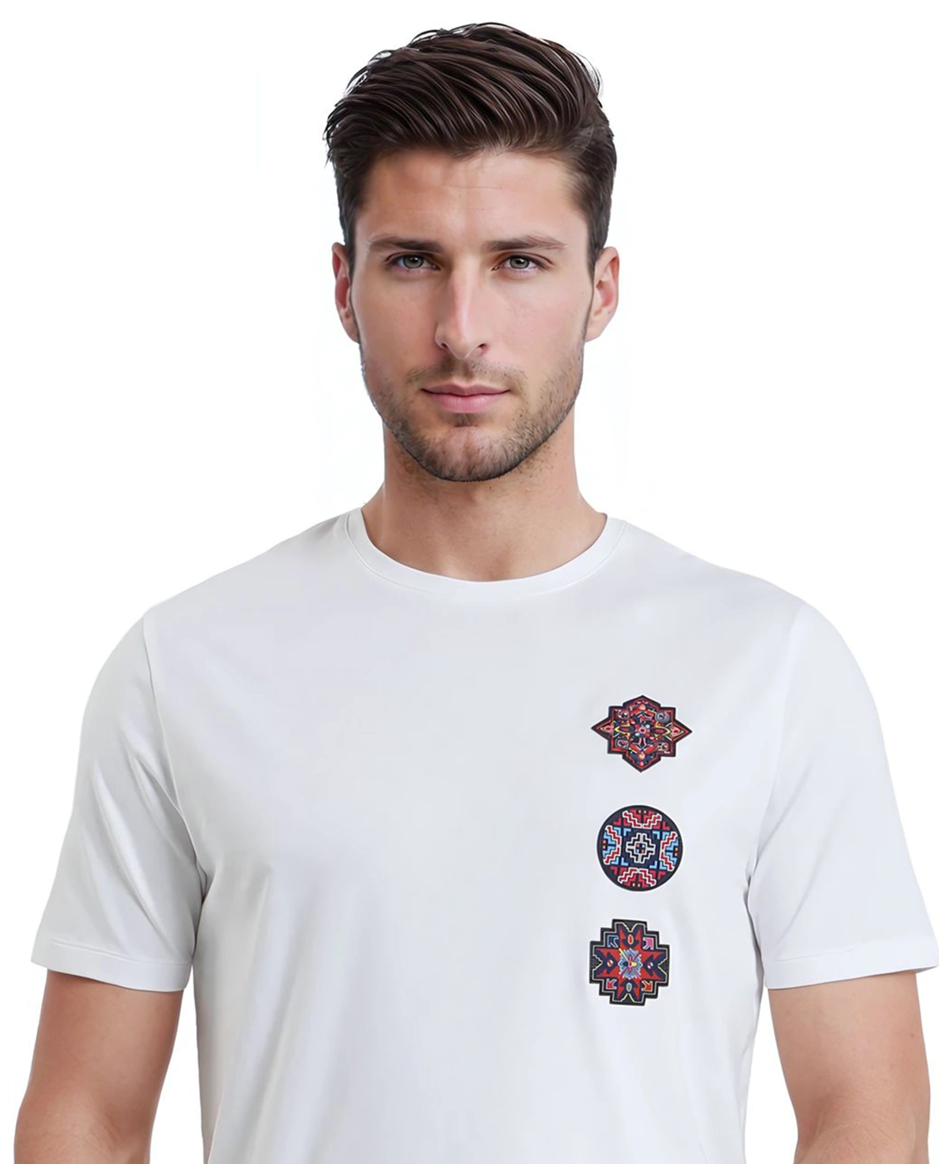 Rare Rabbit Men Bale White Cotton Blend Fabric Short Sleeve Crew Neck Relaxed Fit Label T-Shirt