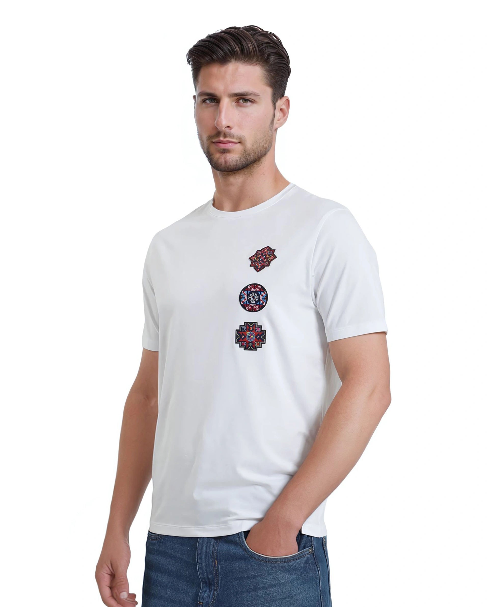 Rare Rabbit Men Bale White Cotton Blend Fabric Short Sleeve Crew Neck Relaxed Fit Label T-Shirt