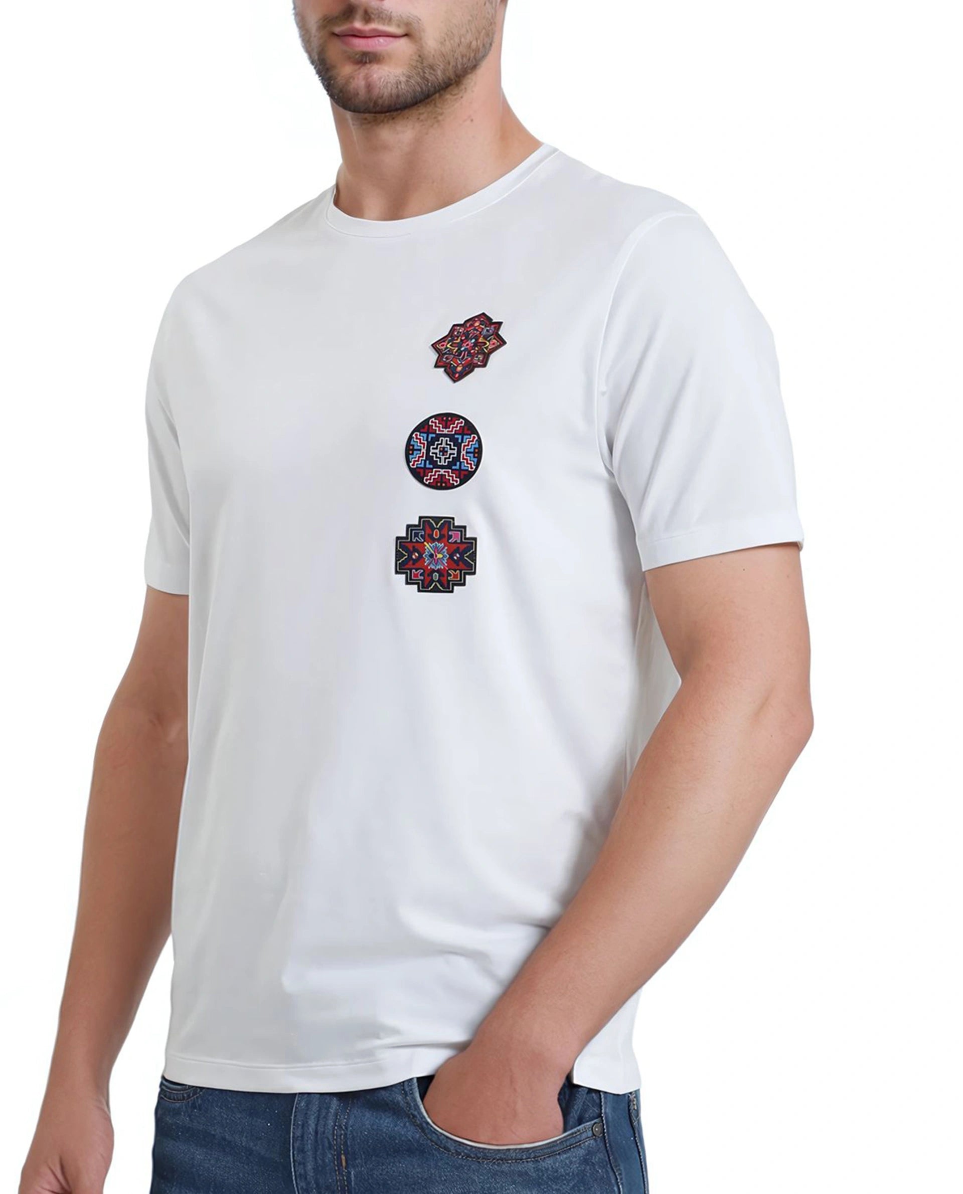 Rare Rabbit Men Bale White Cotton Blend Fabric Short Sleeve Crew Neck Relaxed Fit Label T-Shirt