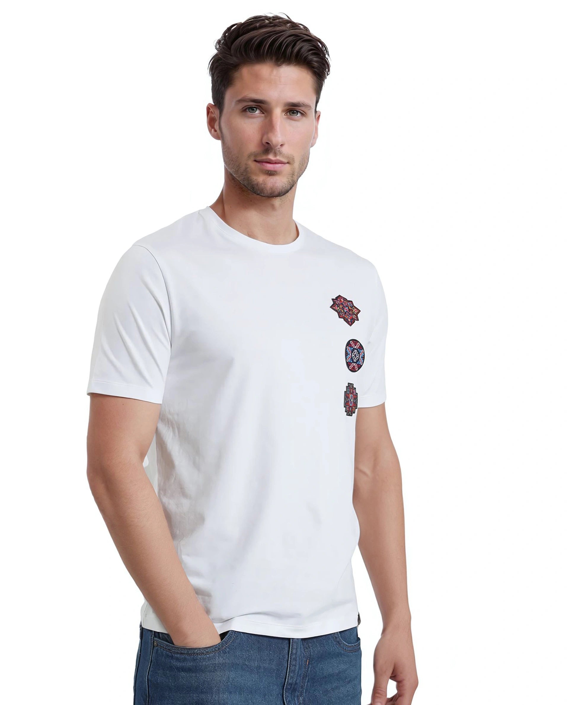 Rare Rabbit Men Bale White Cotton Blend Fabric Short Sleeve Crew Neck Relaxed Fit Label T-Shirt
