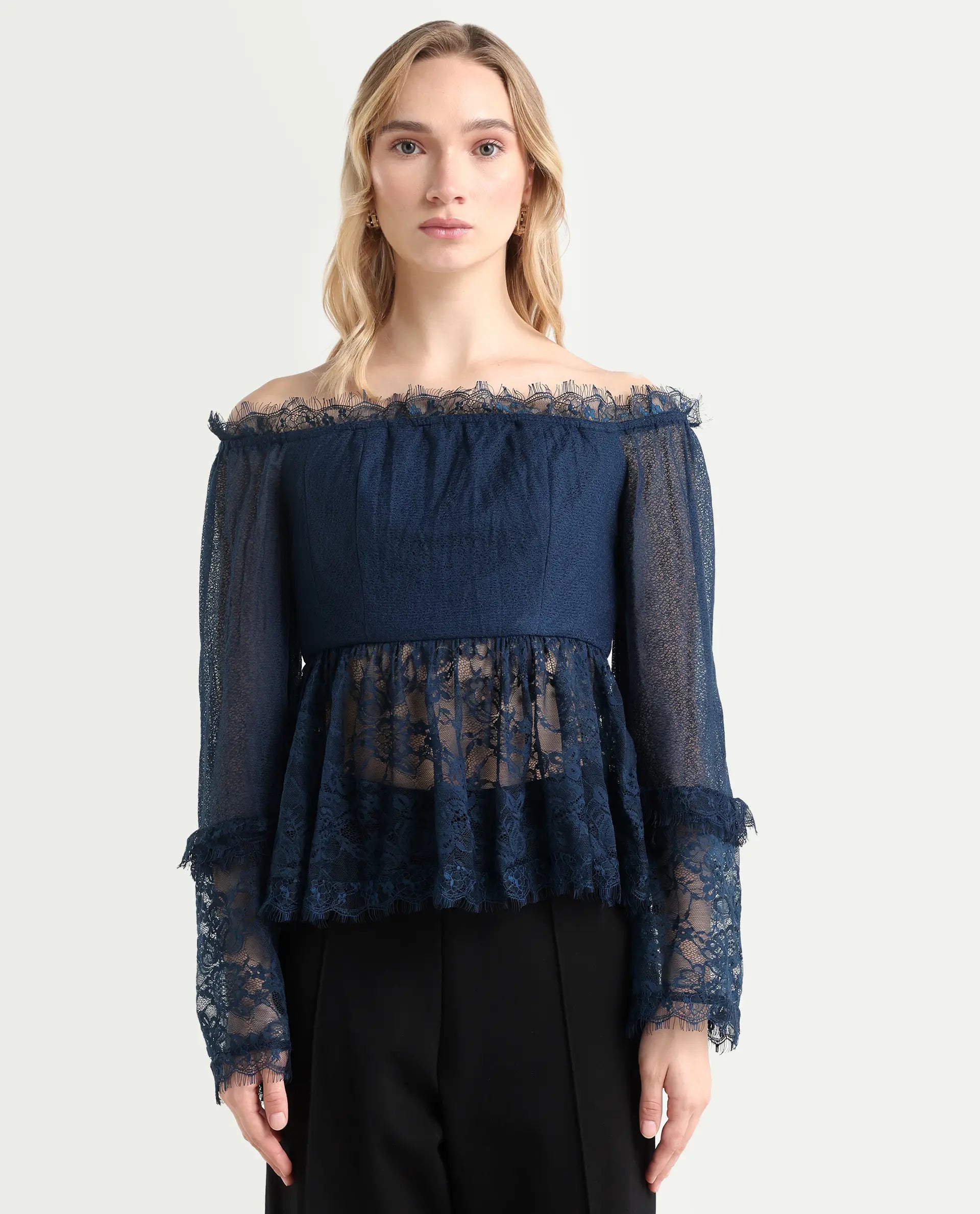 Rareism Women's Balikesar Blue Polyester Off Shoulder Plain Flared Sleeve Flared Top