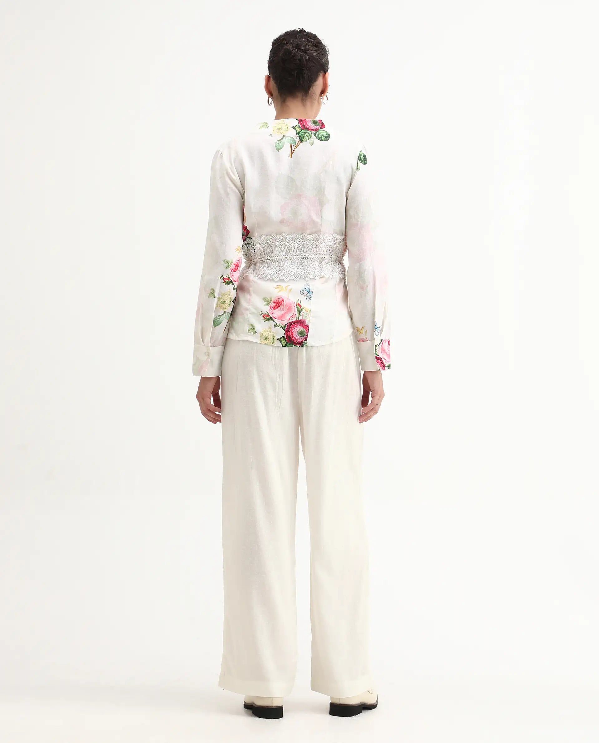 Rareism Women's Banche-B Off White Cotton Blend Floral Print Ankle Length Straight Fit Trouser