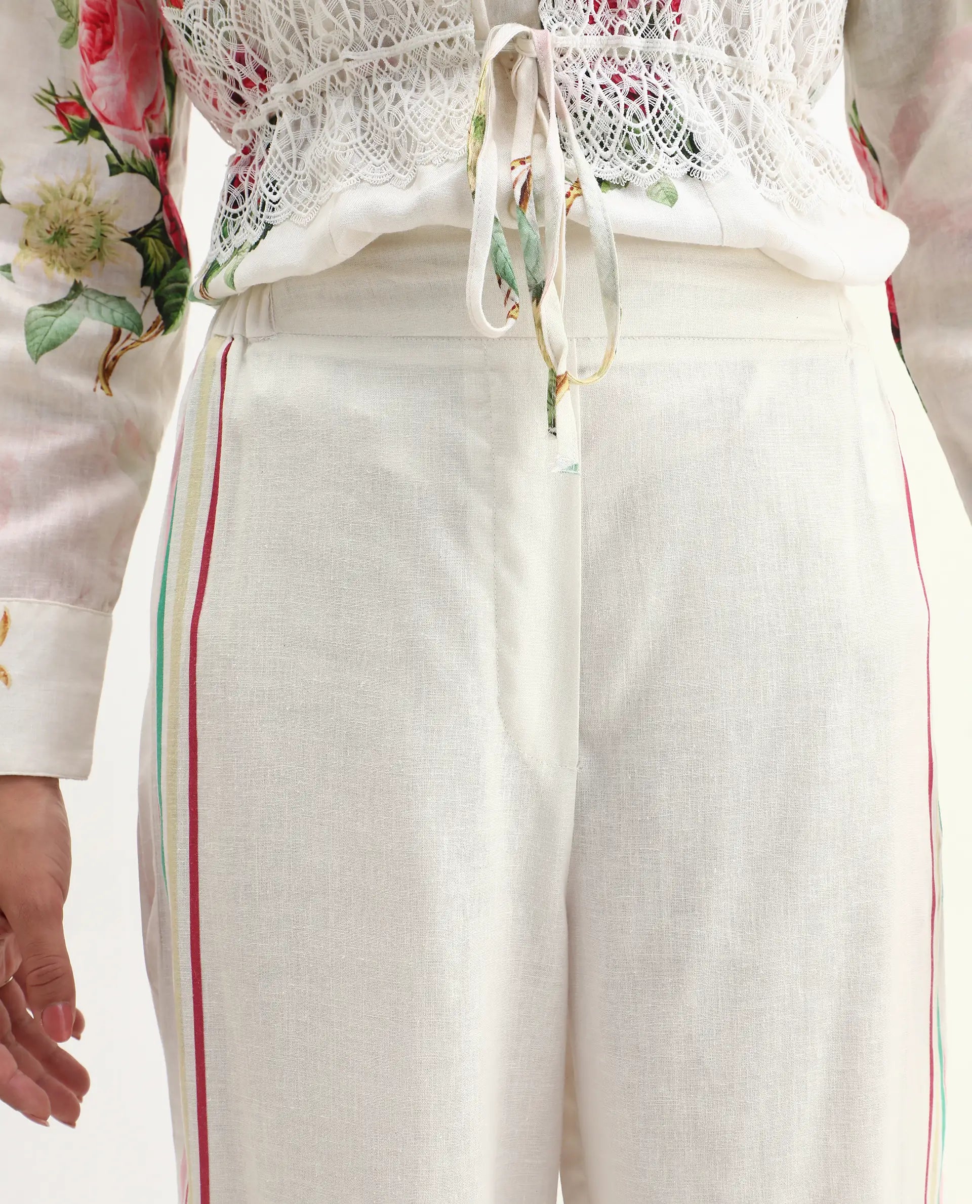 Rareism Women's Banche-B Off White Cotton Blend Floral Print Ankle Length Straight Fit Trouser