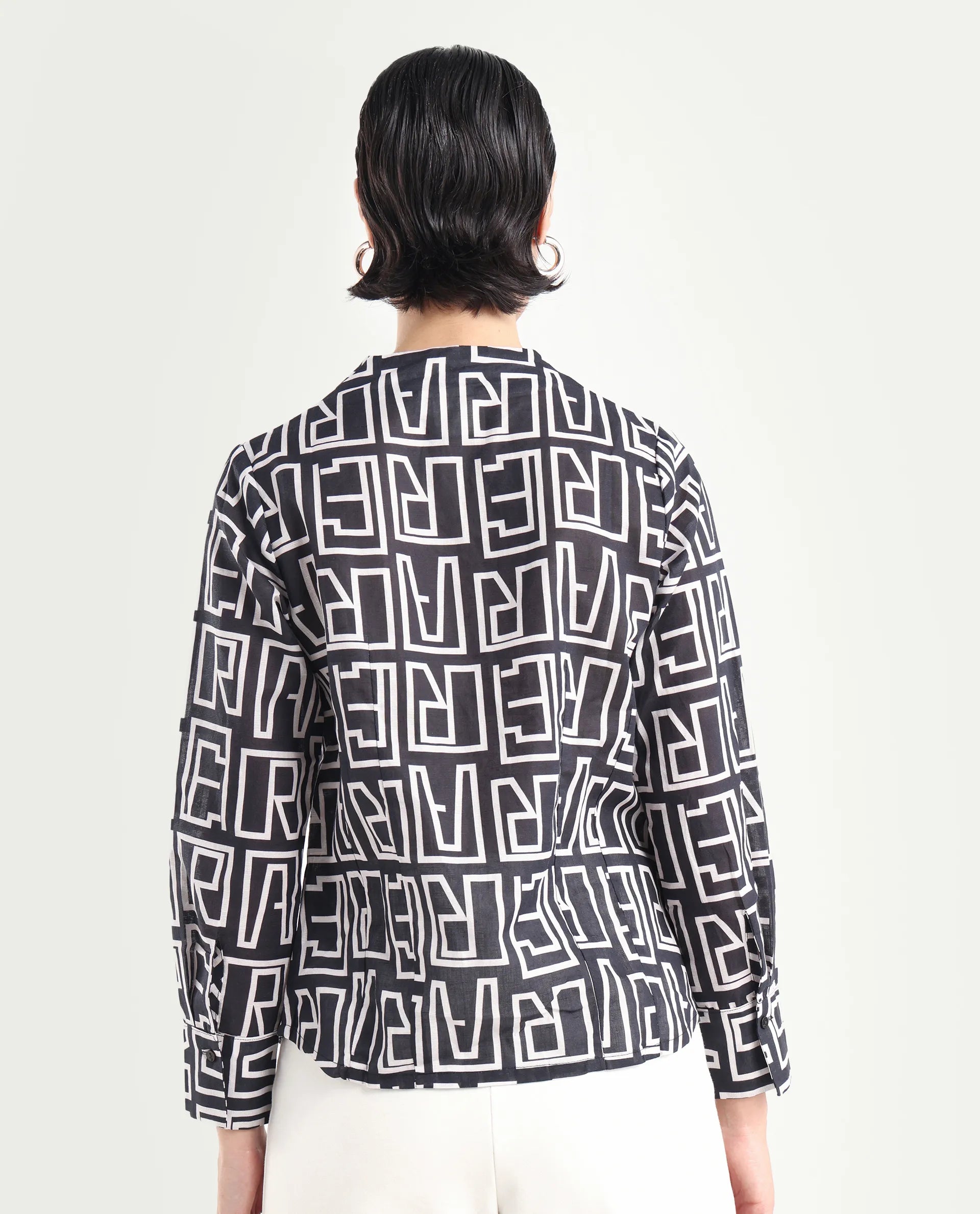 Rareism Women's Bancheo Black Cotton Blend V-Neck Monogram Print Cuffed Sleeve Regular Fit Shirt