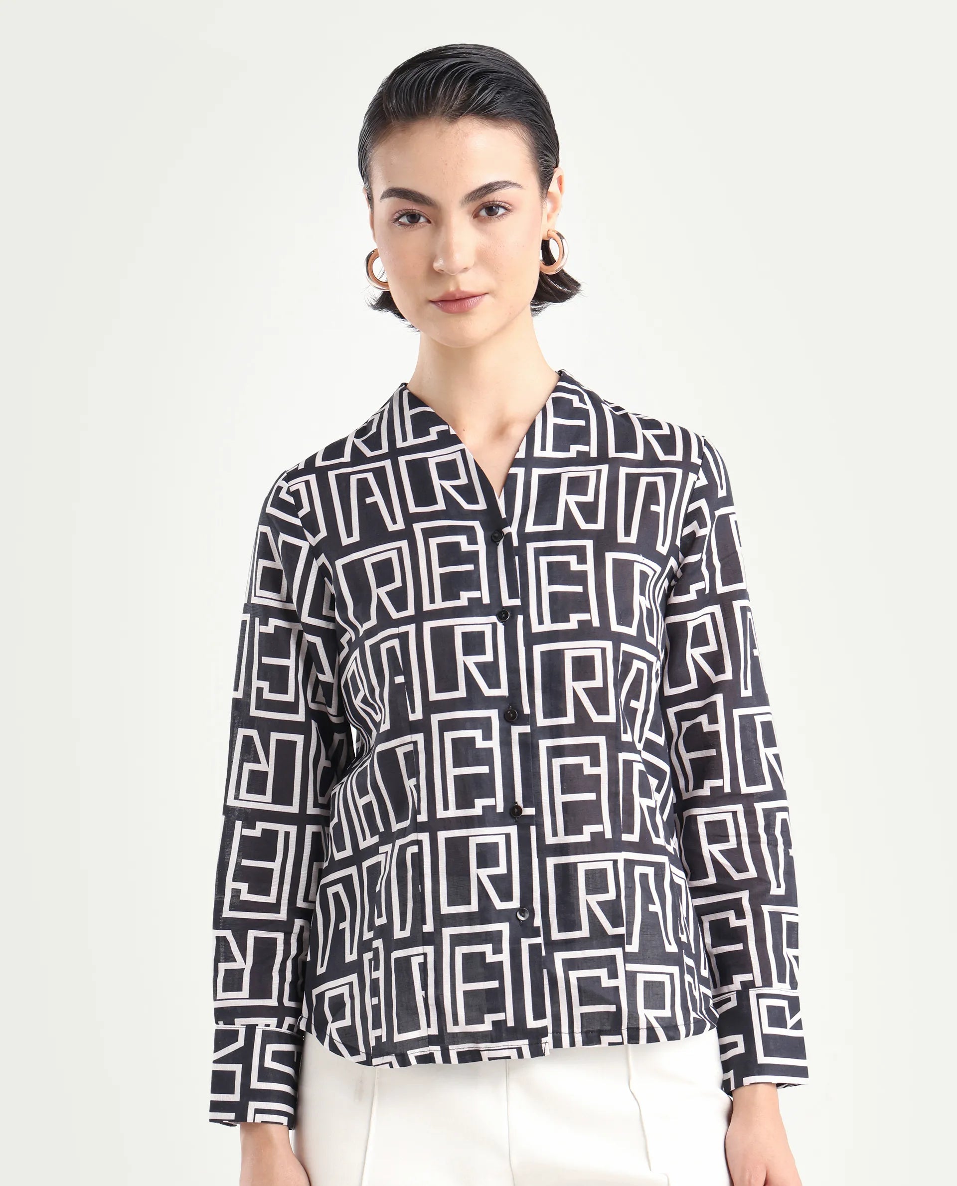 Rareism Women's Bancheo Black Cotton Blend V-Neck Monogram Print Cuffed Sleeve Regular Fit Shirt