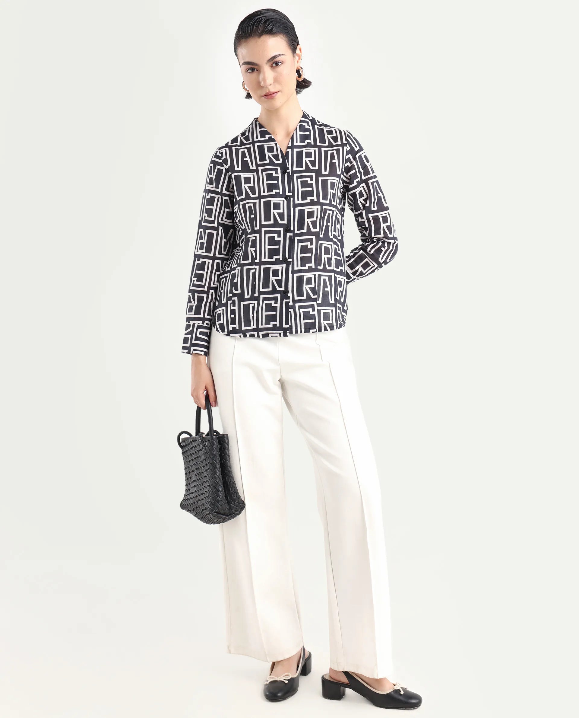 Rareism Women's Bancheo Black Cotton Blend V-Neck Monogram Print Cuffed Sleeve Regular Fit Shirt