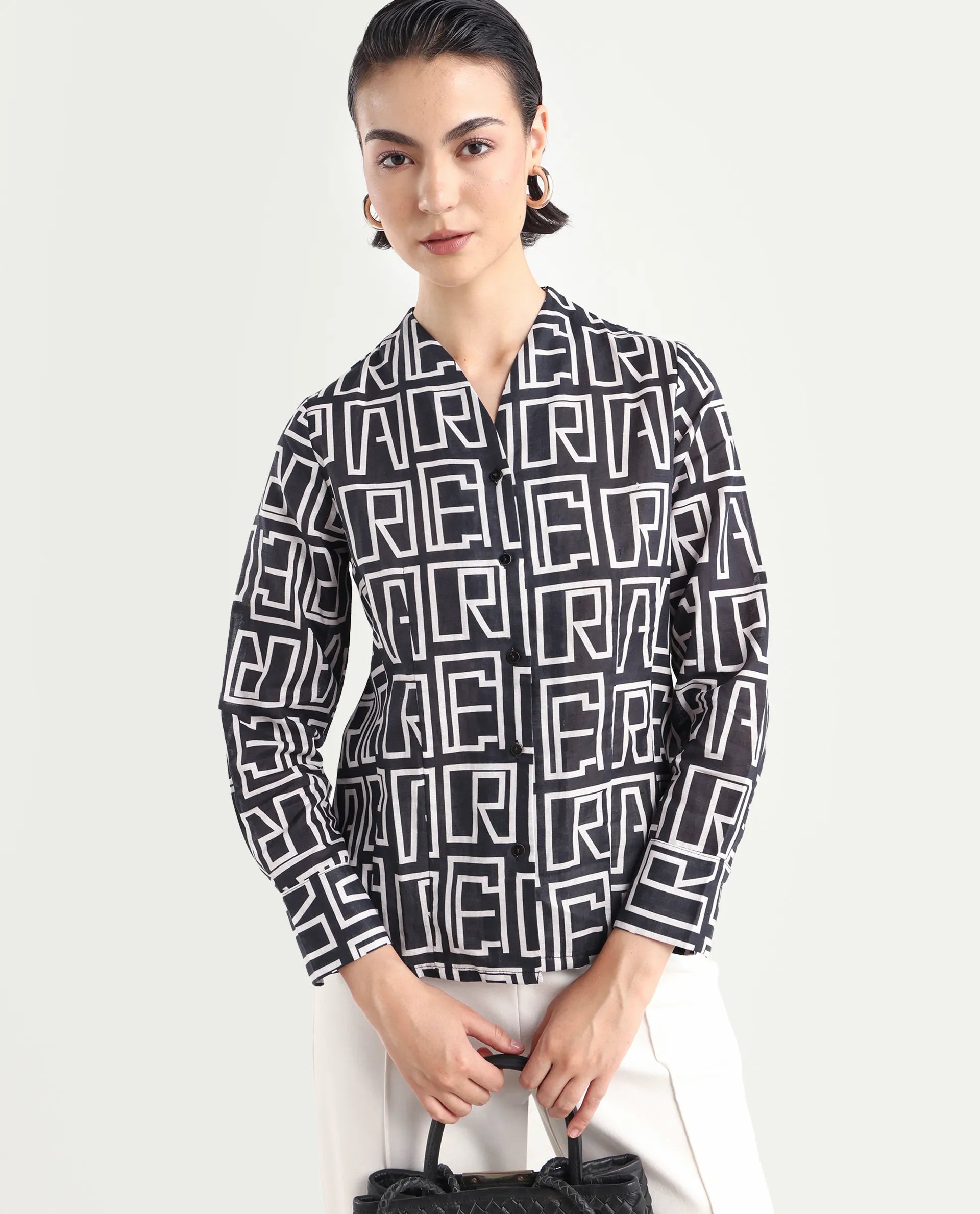 Rareism Women's Bancheo Black Cotton Blend V-Neck Monogram Print Cuffed Sleeve Regular Fit Shirt