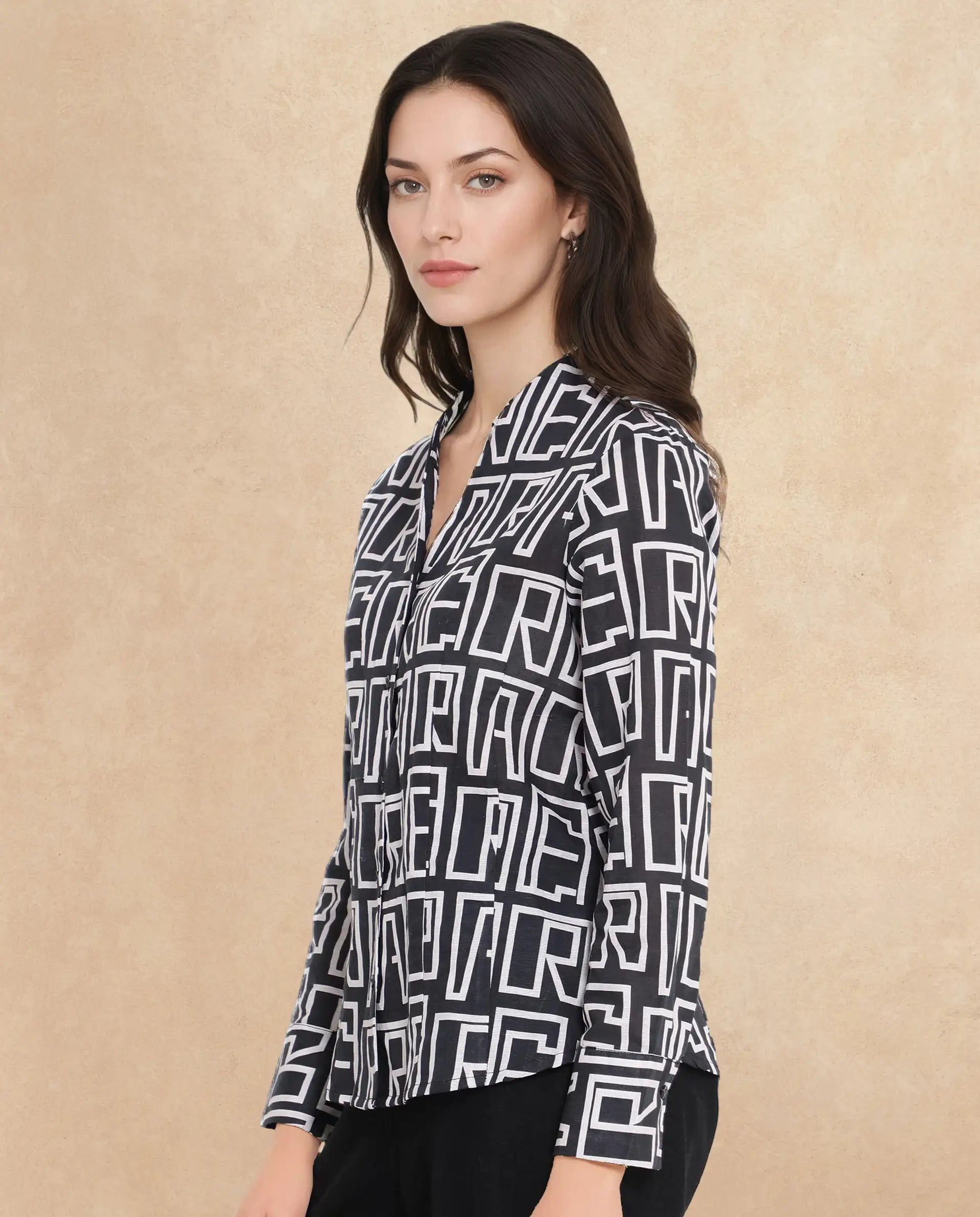 Rareism Women Bancheo Black Cuffed Sleeve V-Neck Button Monogram Print Top