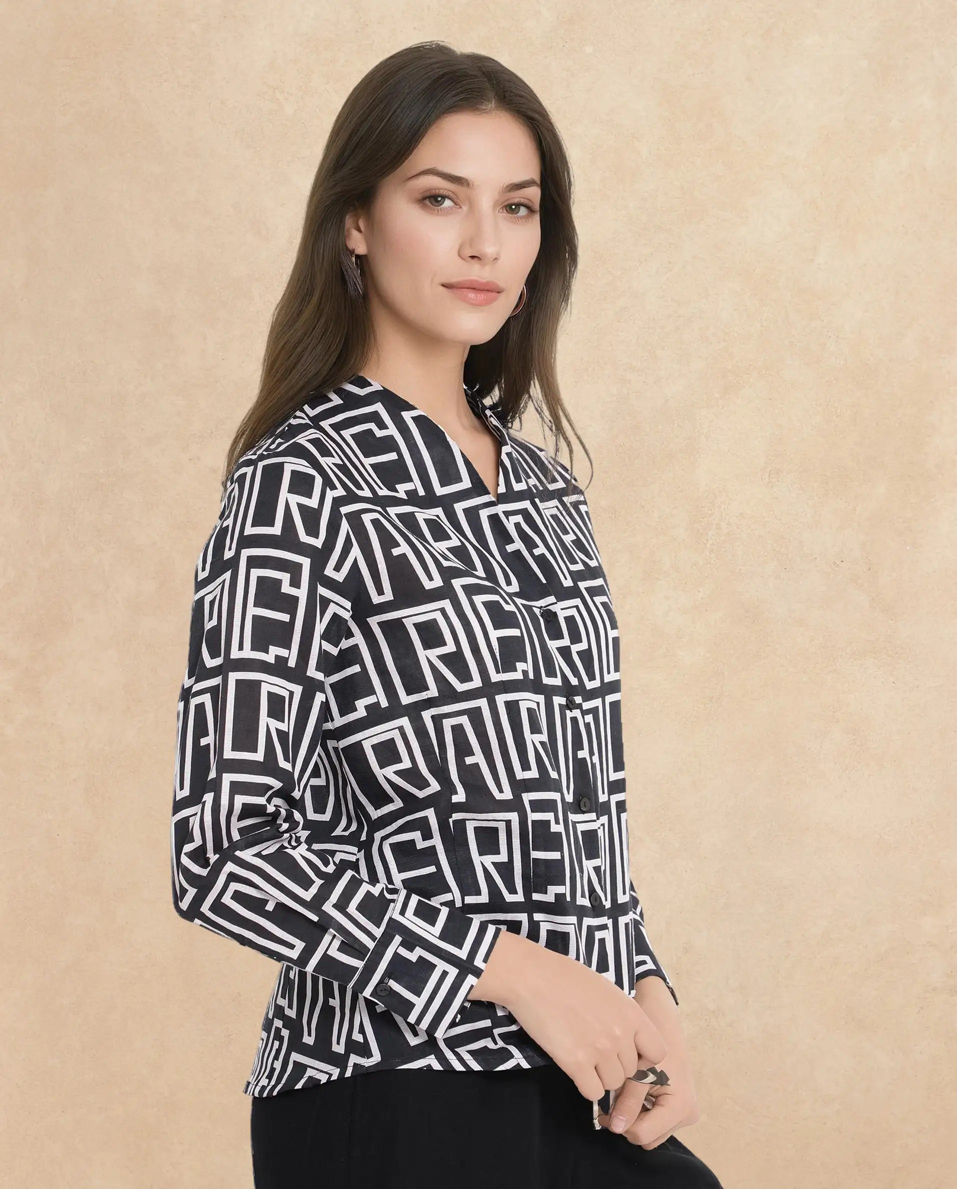 Rareism Women Bancheo Black Cuffed Sleeve V-Neck Button Monogram Print Top