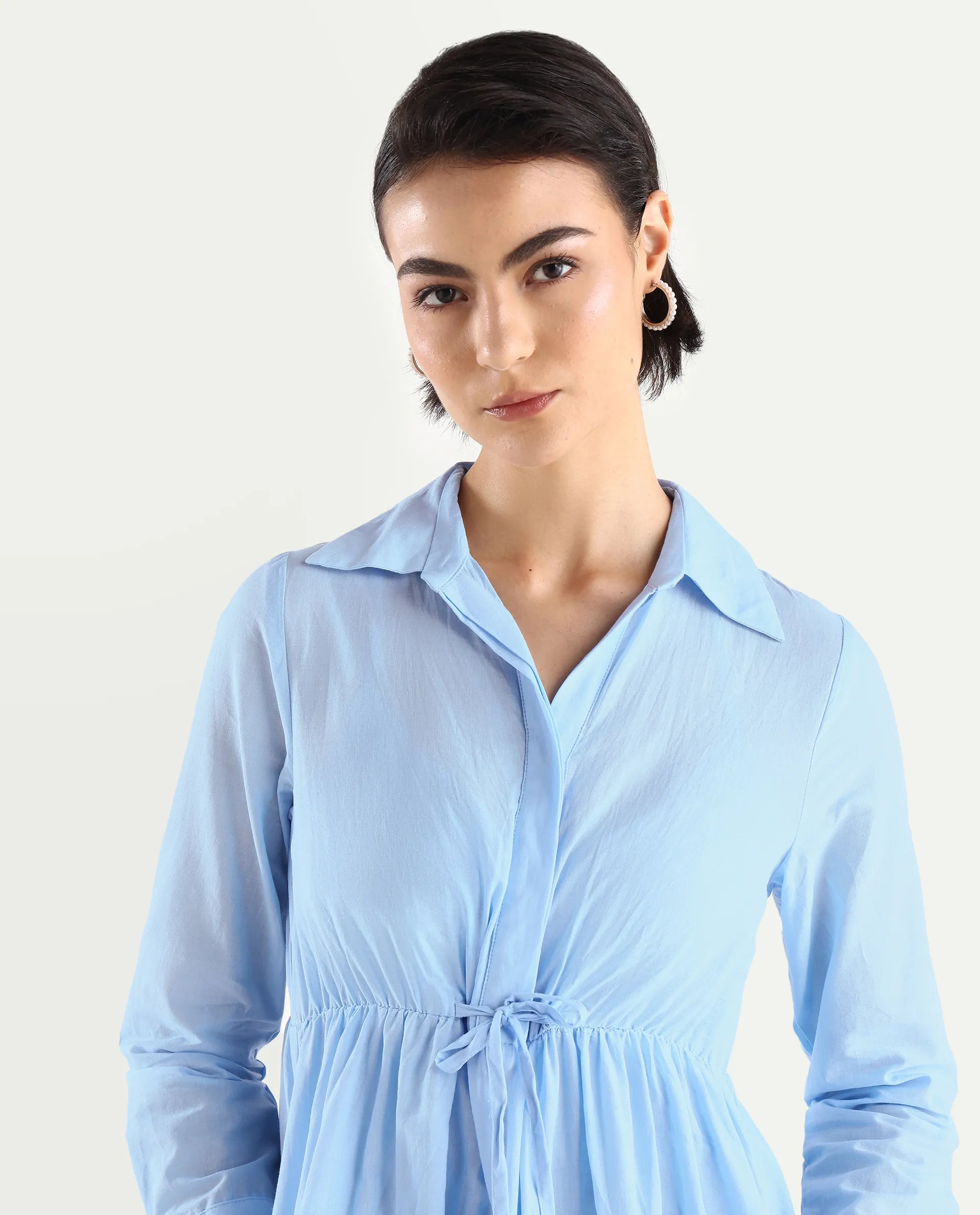 Rareism Women's Bandalina Blue Cotton Drop Collar Plain Cuffed Sleeve Midi Fit And Flare Dress