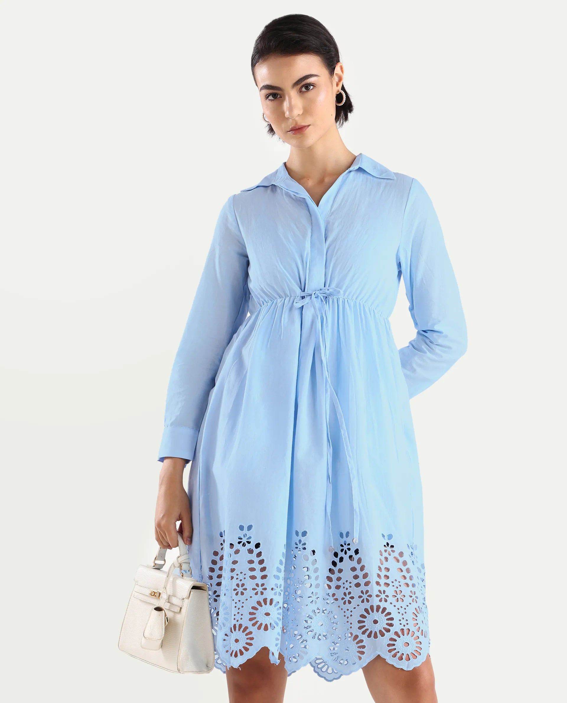 Rareism Women's Bandalina Blue Cotton Drop Collar Plain Cuffed Sleeve Midi Fit And Flare Dress