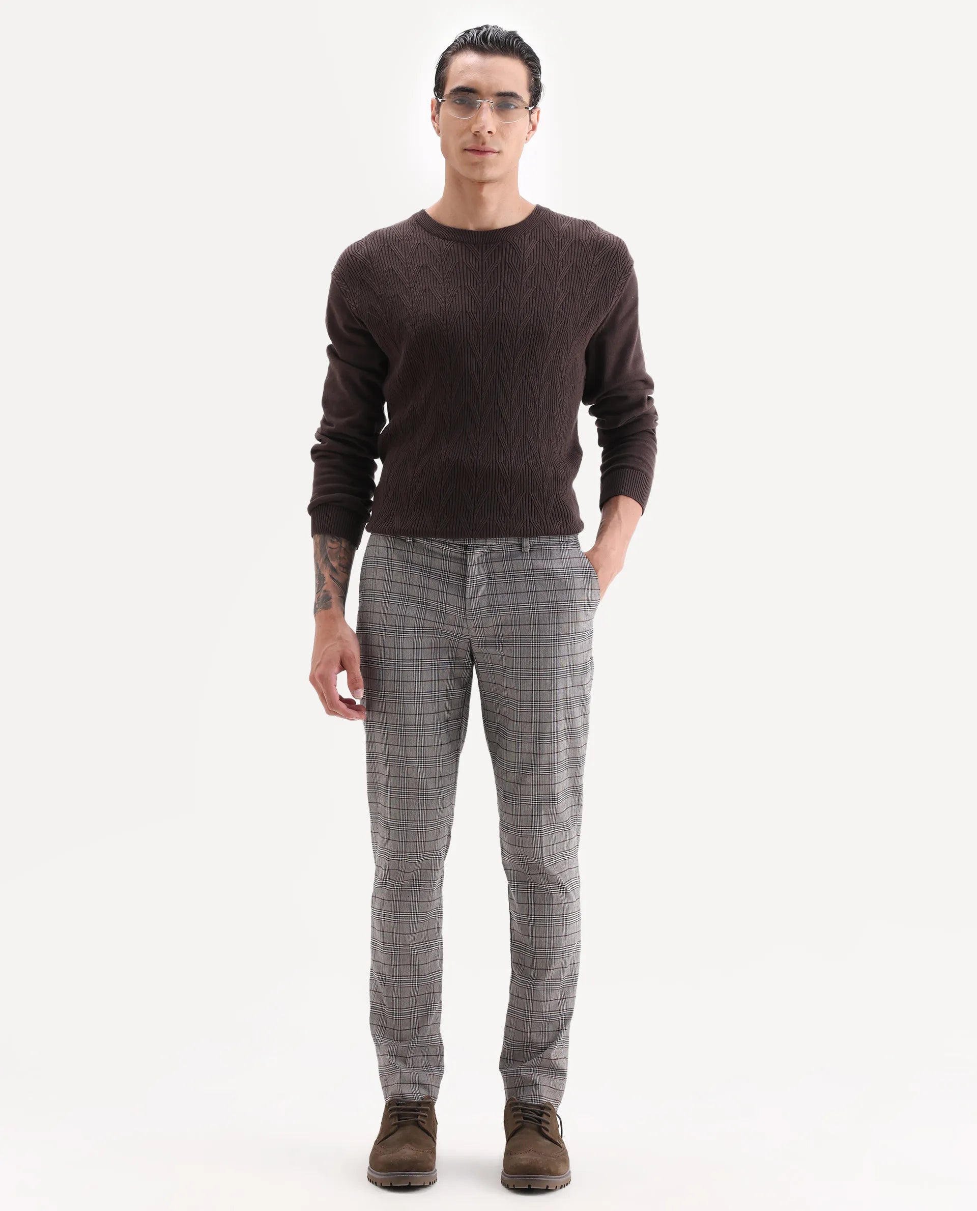 Rare Rabbit Men's Bandon Grey Cotton Blend Checked Print Regular Fit Trouser