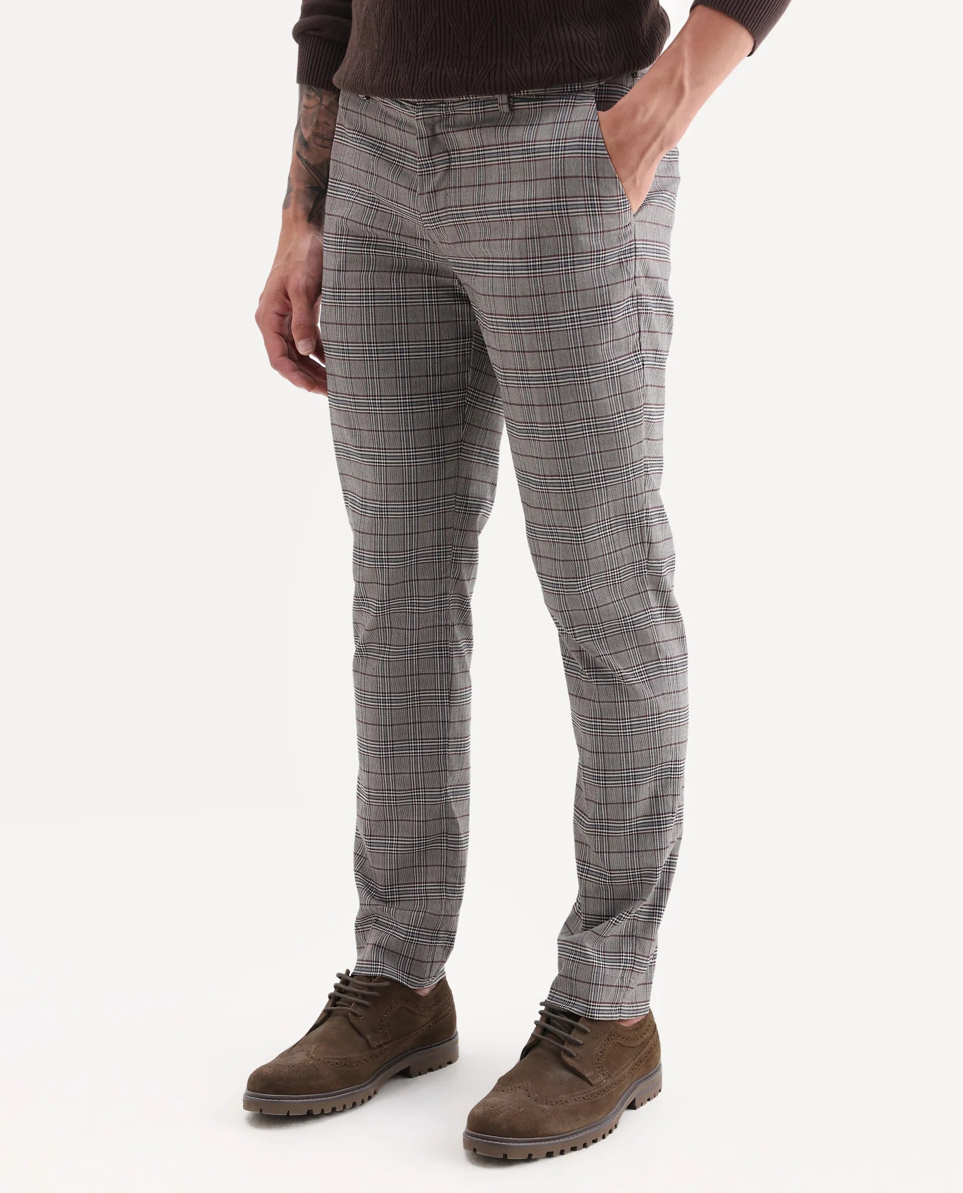 Rare Rabbit Men's Bandon Grey Cotton Blend Checked Print Regular Fit Trouser