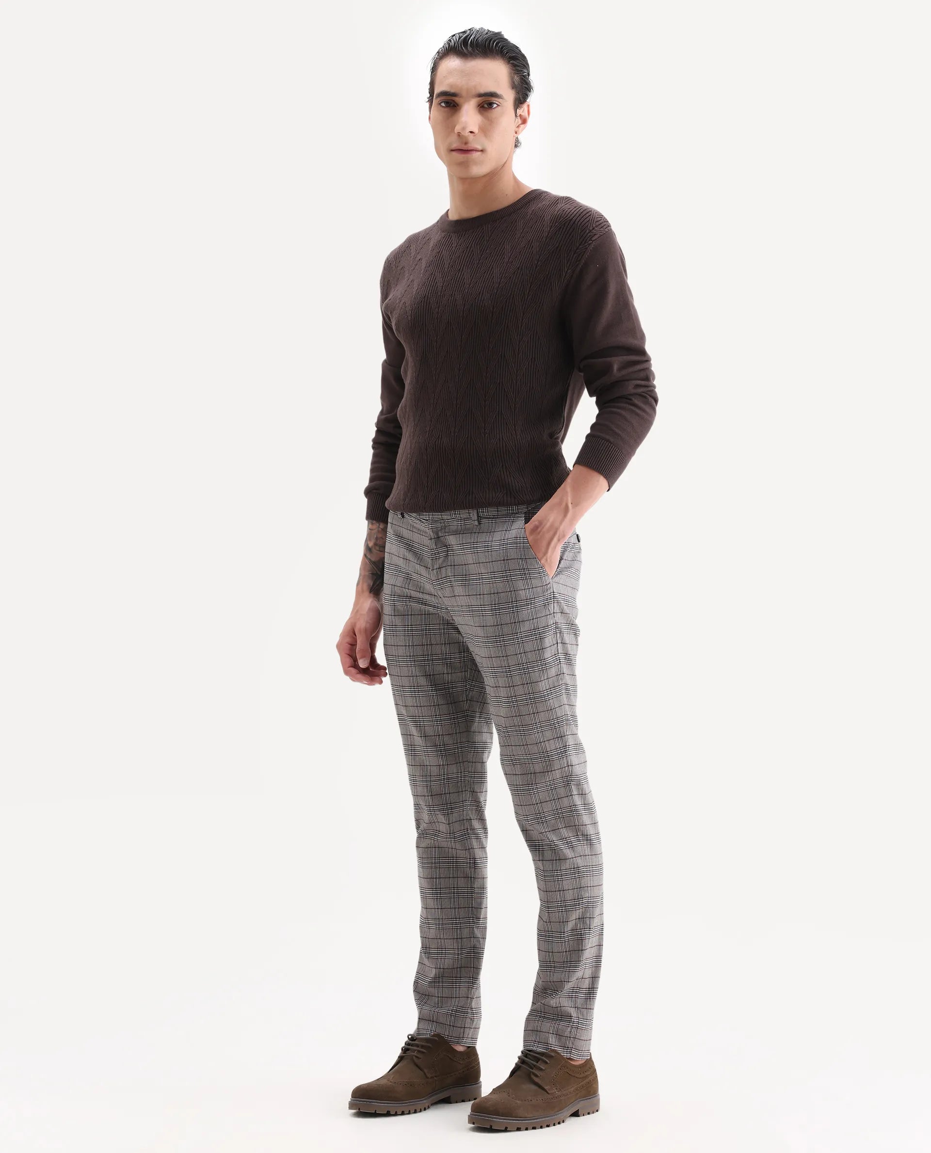 Rare Rabbit Men's Bandon Grey Cotton Blend Checked Print Regular Fit Trouser