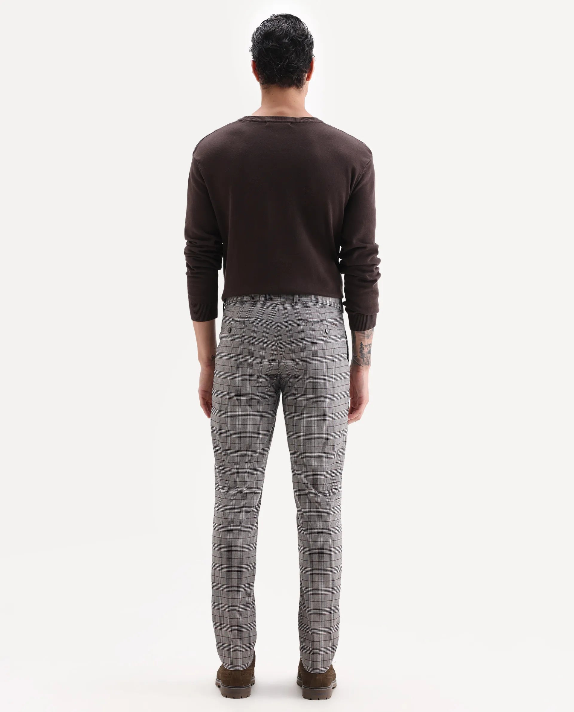 Rare Rabbit Men's Bandon Grey Cotton Blend Checked Print Regular Fit Trouser