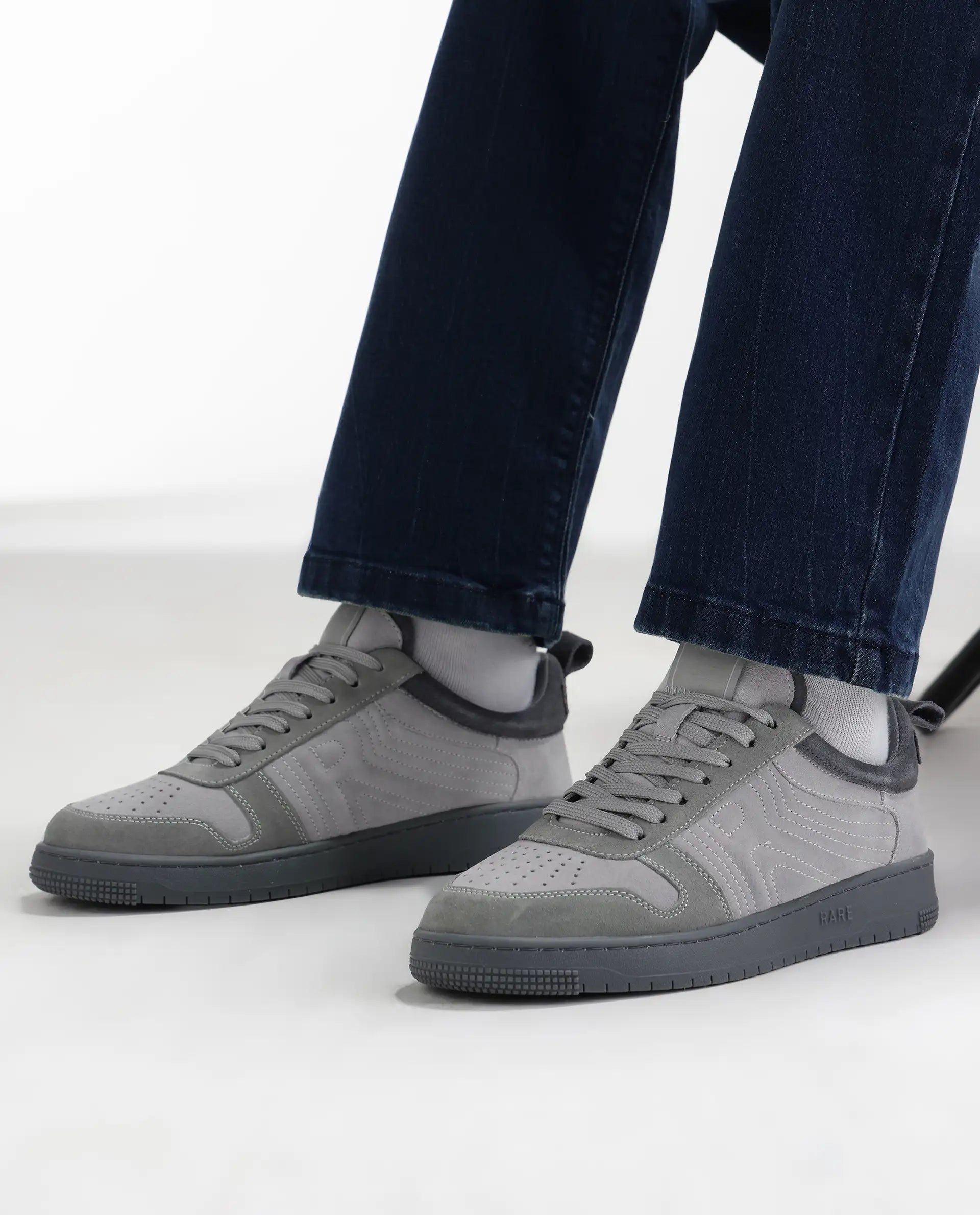 Rarez Men's Banes Light Grey Genuine Suede Leather Low-Top Lace Up Sneaker Shoes