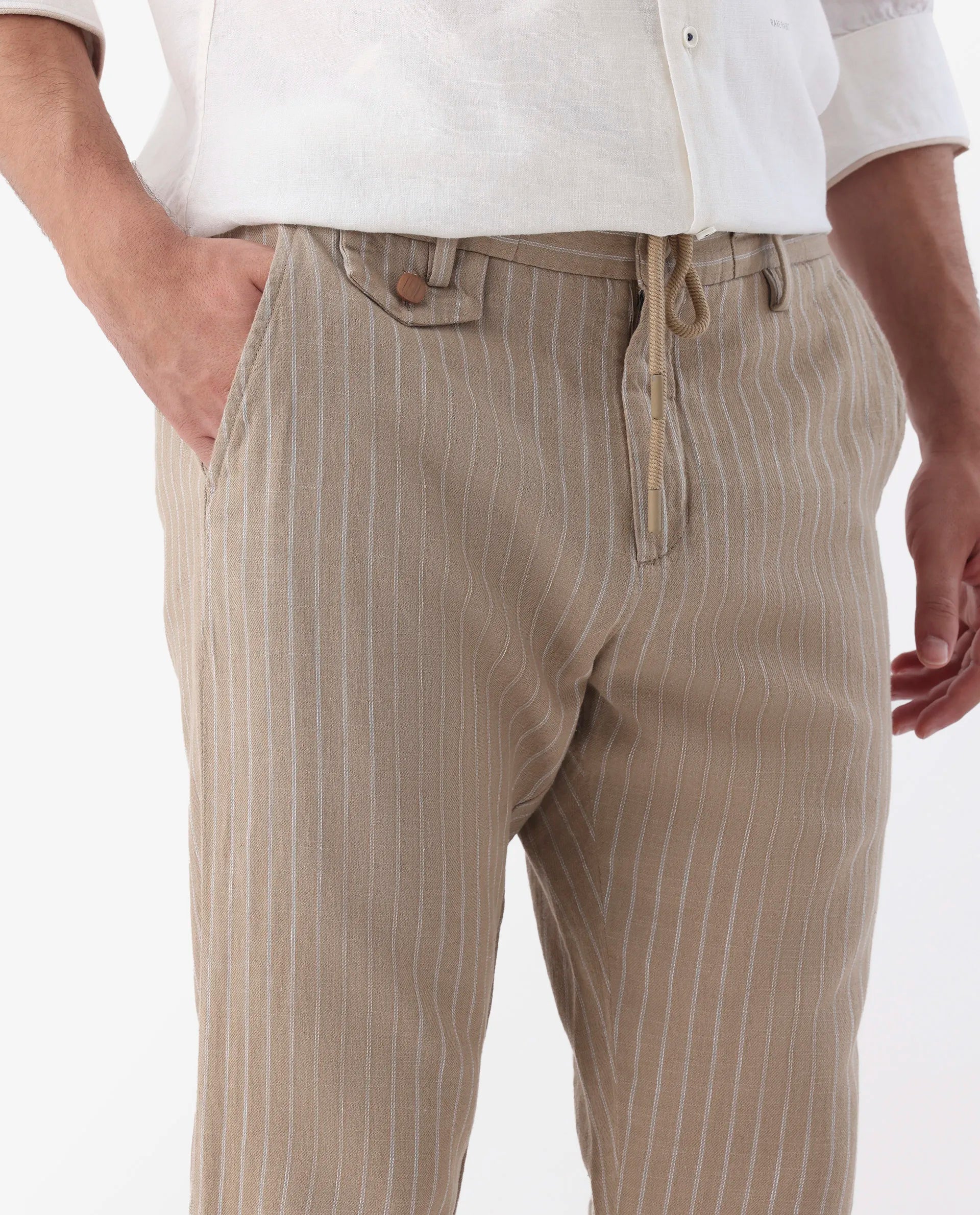 Rare Rabbit Men's Banet- Beige Linen Blend Plain Regular Fit Trouser