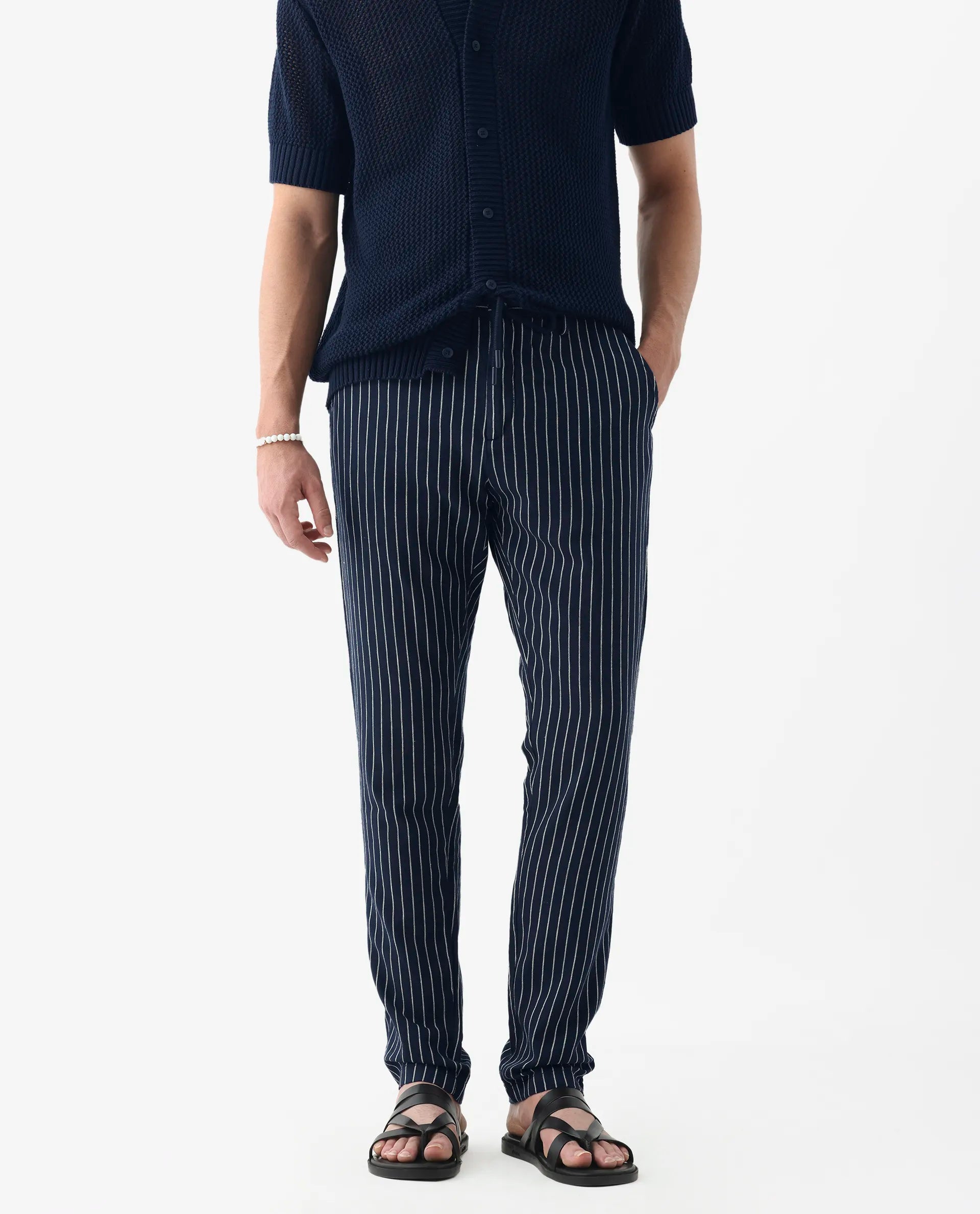 Rare Rabbit Men's Banet- Navy Linen Blend Striped Print Slim Fit Trouser