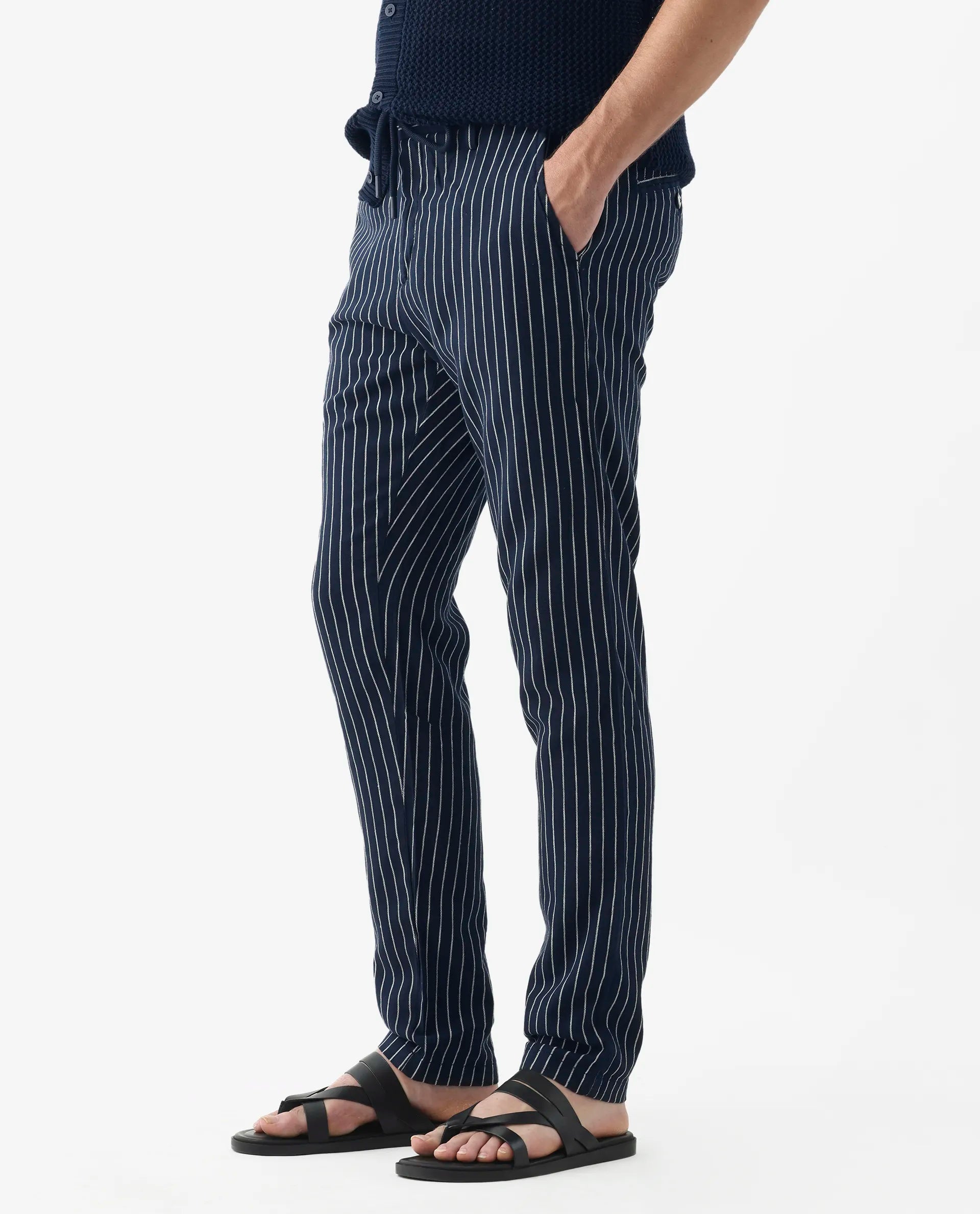 Rare Rabbit Men's Banet- Navy Linen Blend Striped Print Slim Fit Trouser
