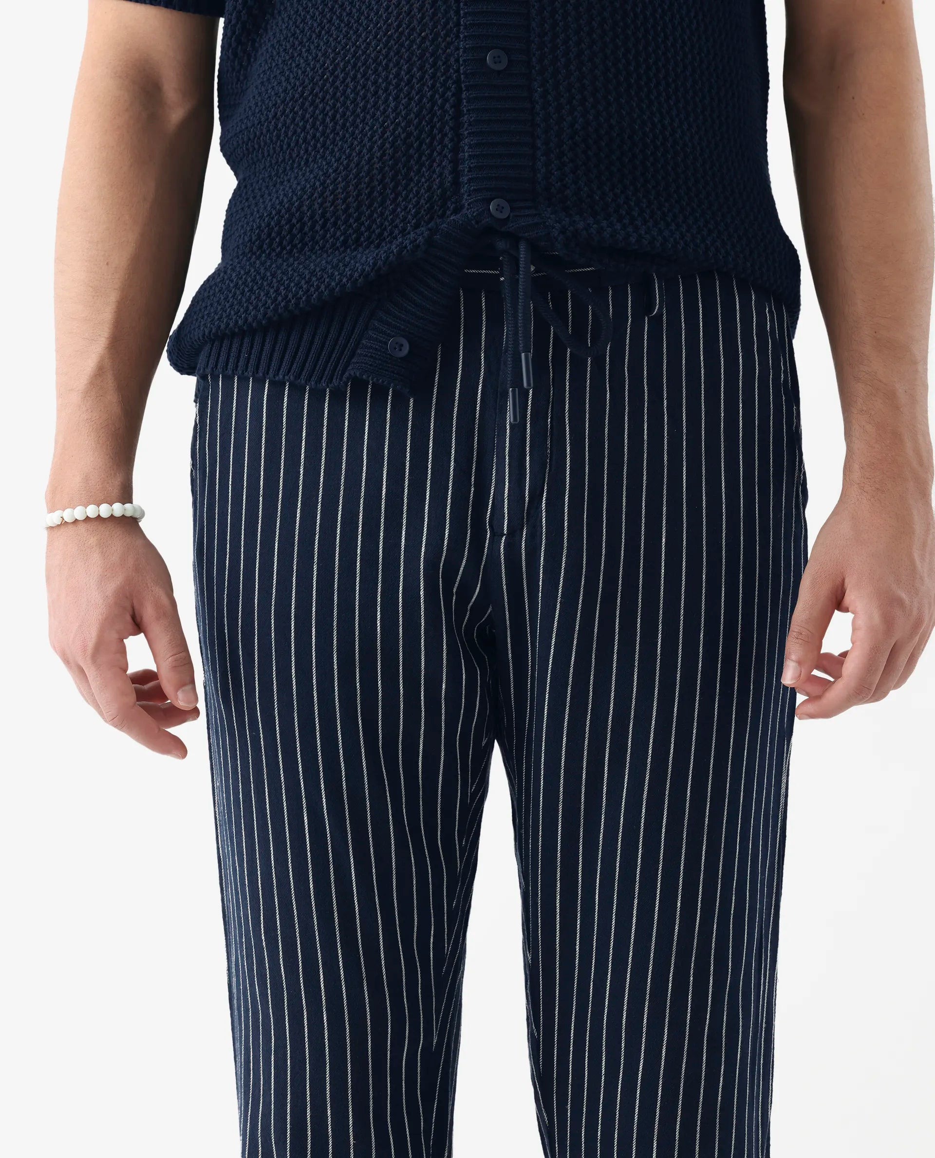 Rare Rabbit Men's Banet- Navy Linen Blend Striped Print Slim Fit Trouser