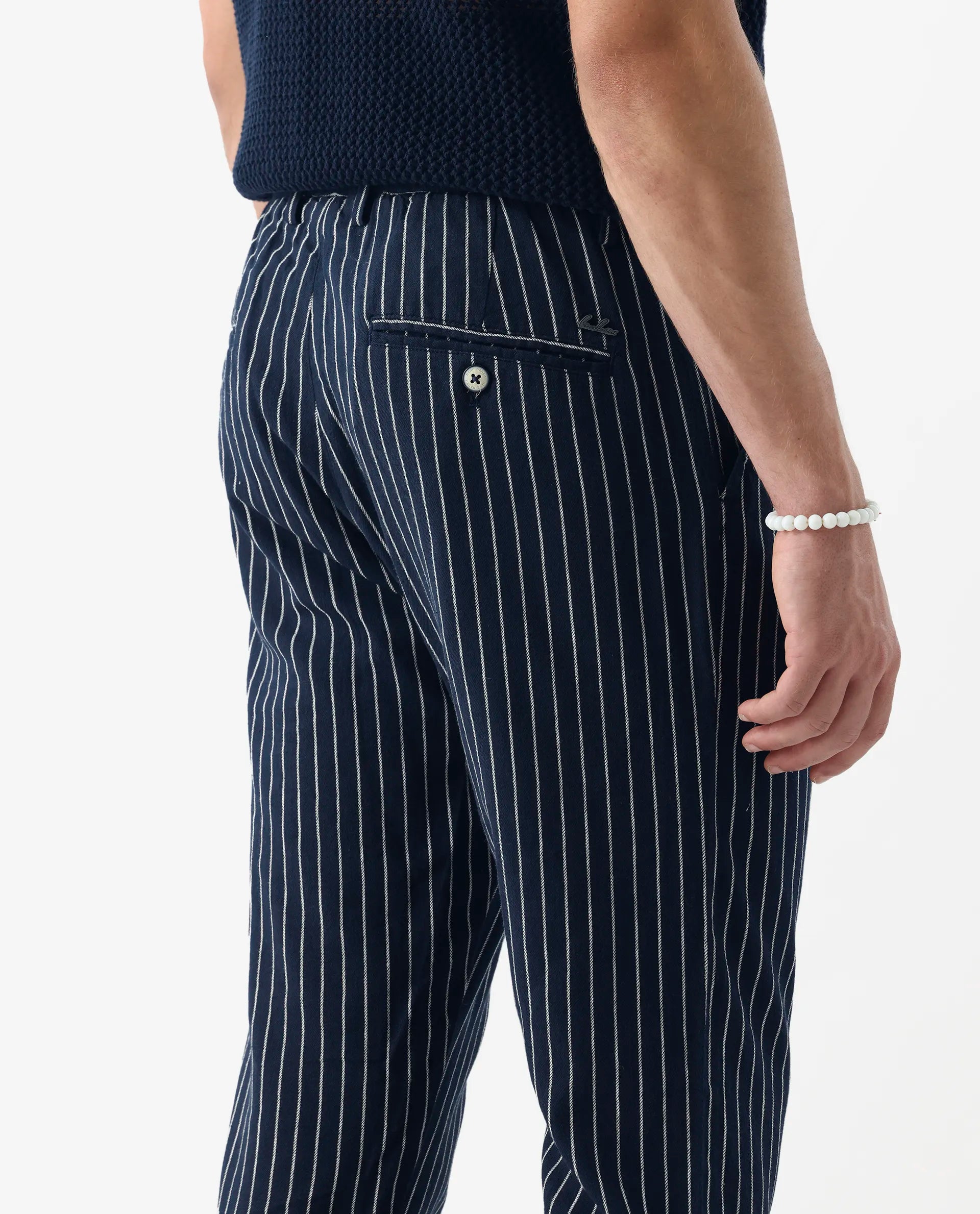 Rare Rabbit Men's Banet- Navy Linen Blend Striped Print Slim Fit Trouser