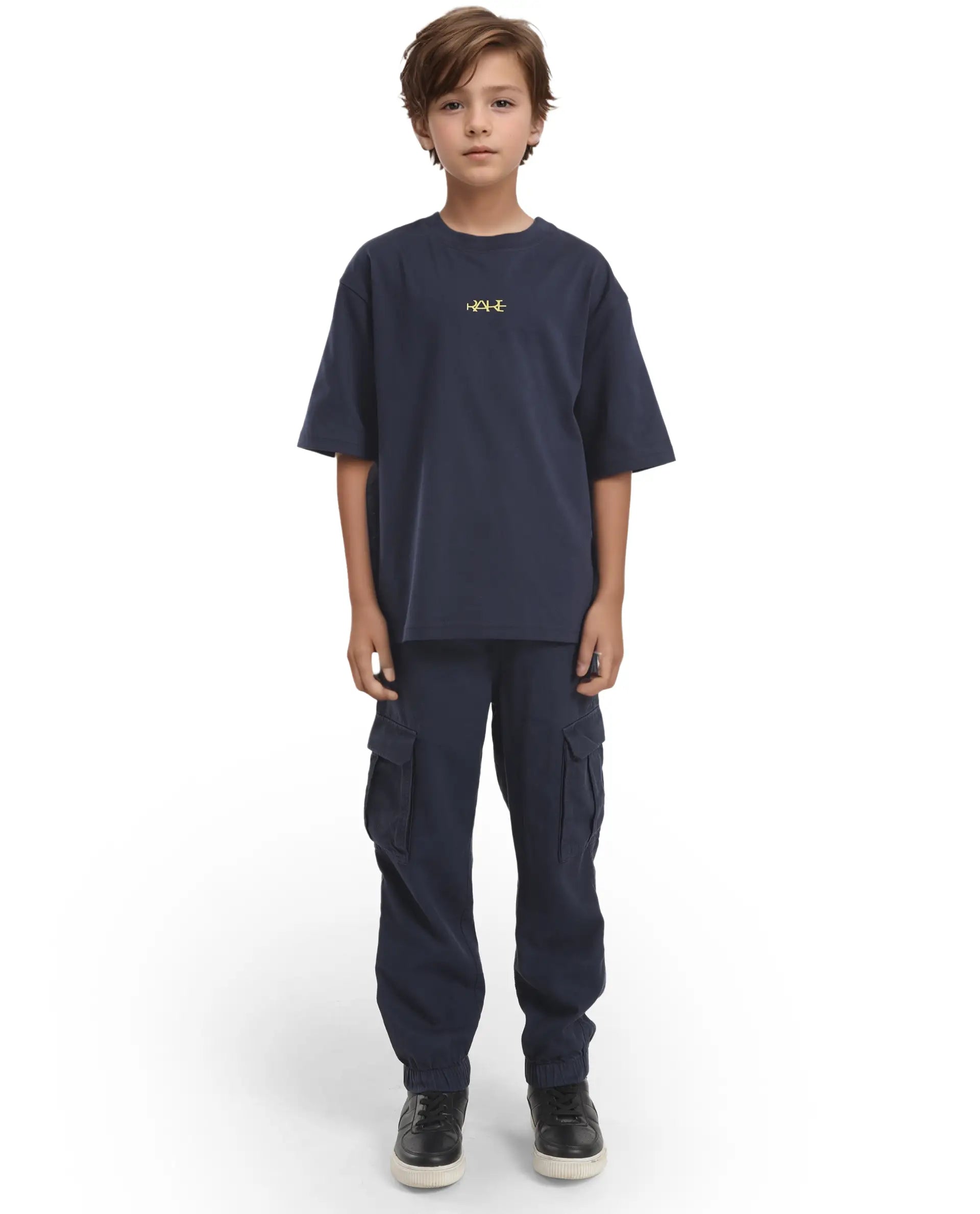 Rare Ones Kids Bany Navy Cotton Half Sleeves Crew Neck Oversized Fit Graphic Back Print T-Shirt