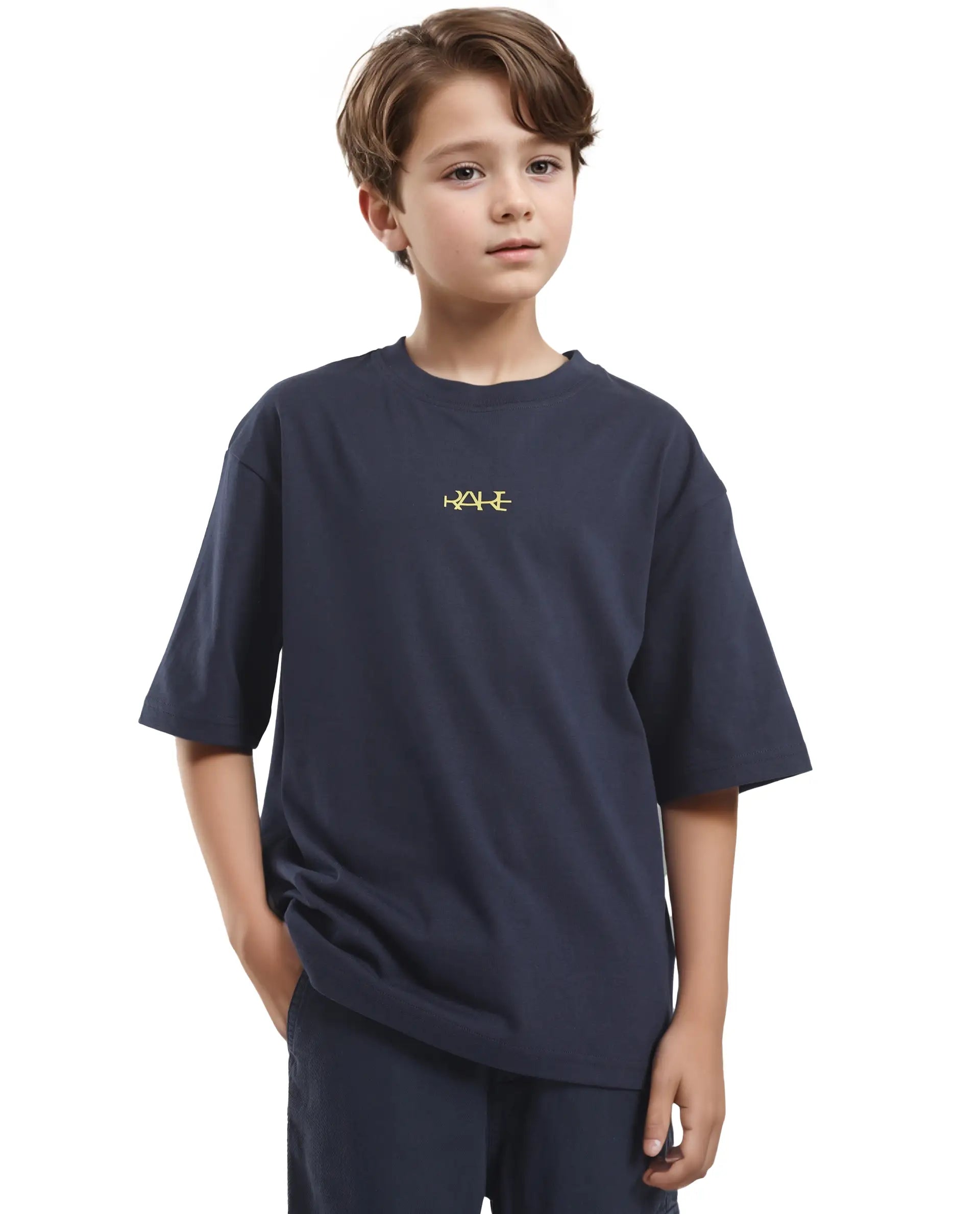 Rare Ones Kids Bany Navy Cotton Half Sleeves Crew Neck Oversized Fit Graphic Back Print T-Shirt