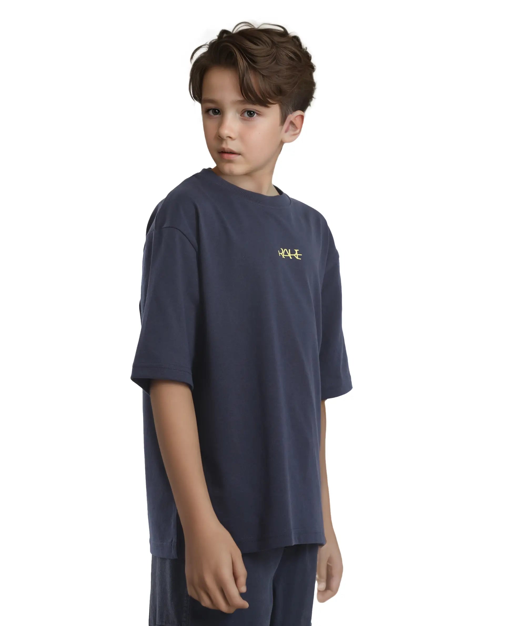 Rare Ones Kids Bany Navy Cotton Half Sleeves Crew Neck Oversized Fit Graphic Back Print T-Shirt
