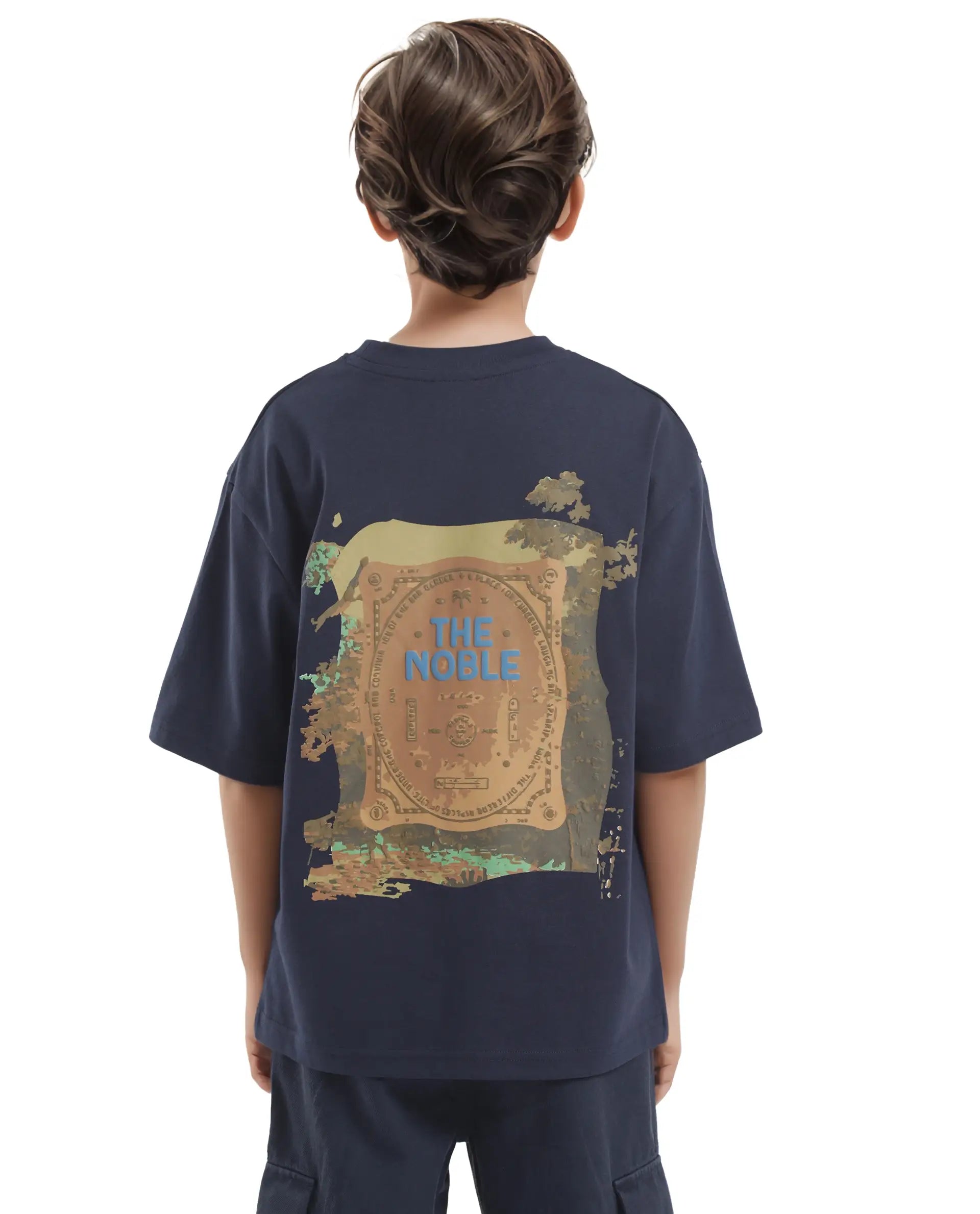 Rare Ones Kids Bany Navy Cotton Half Sleeves Crew Neck Oversized Fit Graphic Back Print T-Shirt