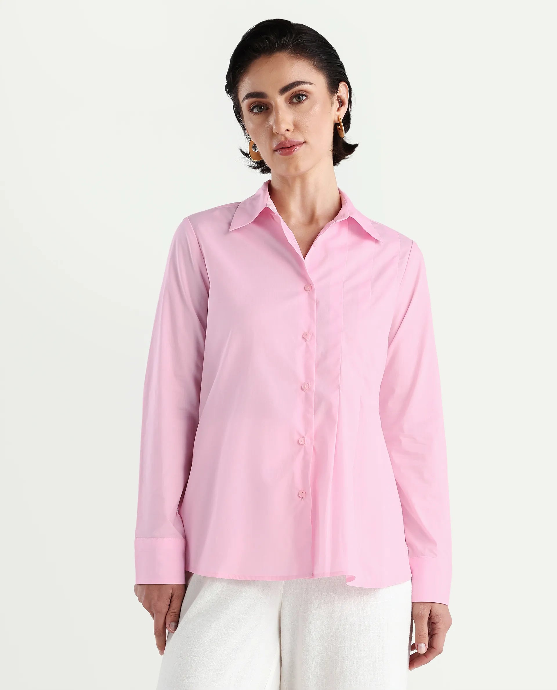 Rareism Women's Baroc Pink Cotton Collared Neck Regular Fit Shirt