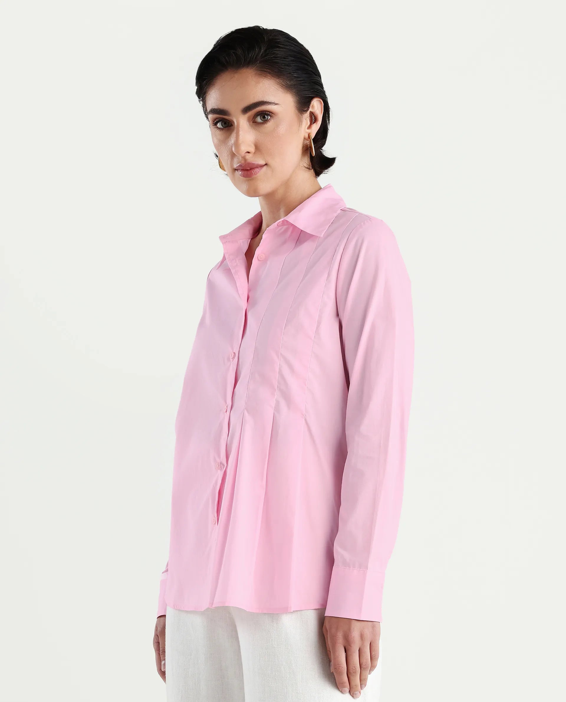 Rareism Women's Baroc Pink Cotton Collared Neck Regular Fit Shirt