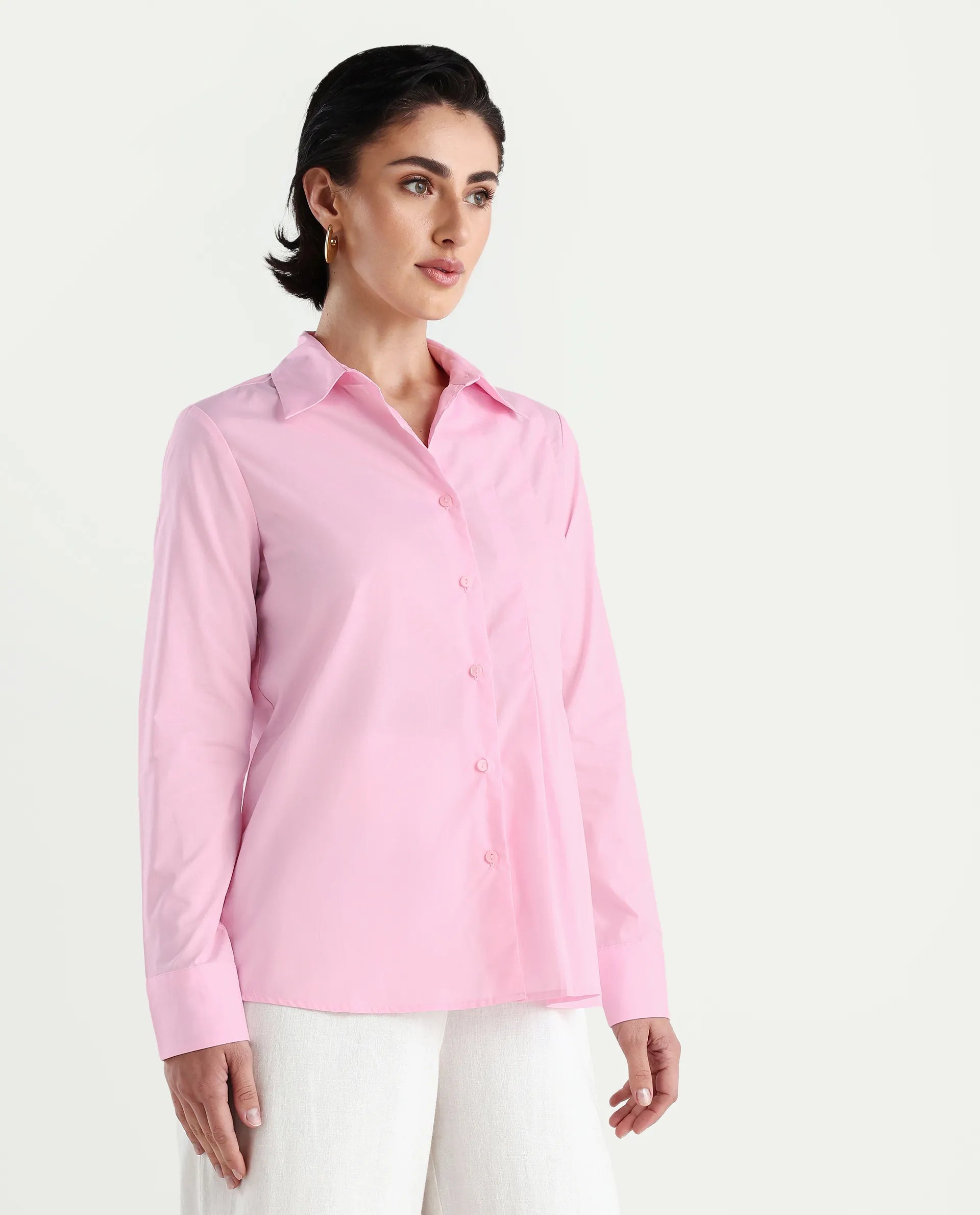 Rareism Women's Baroc Pink Cotton Collared Neck Regular Fit Shirt