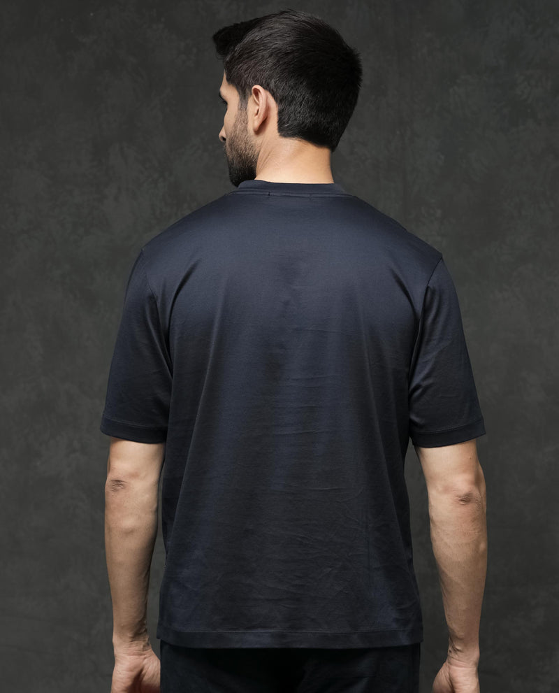 Rare Rabbit Mens Barcelon Navy Cotton Fabric Short Sleeves Oversized Fit Solid T-Shirt
