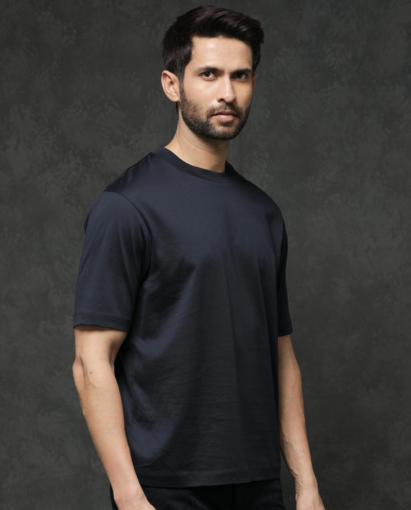 Rare Rabbit Mens Barcelon Navy Cotton Fabric Short Sleeves Oversized Fit Solid T-Shirt