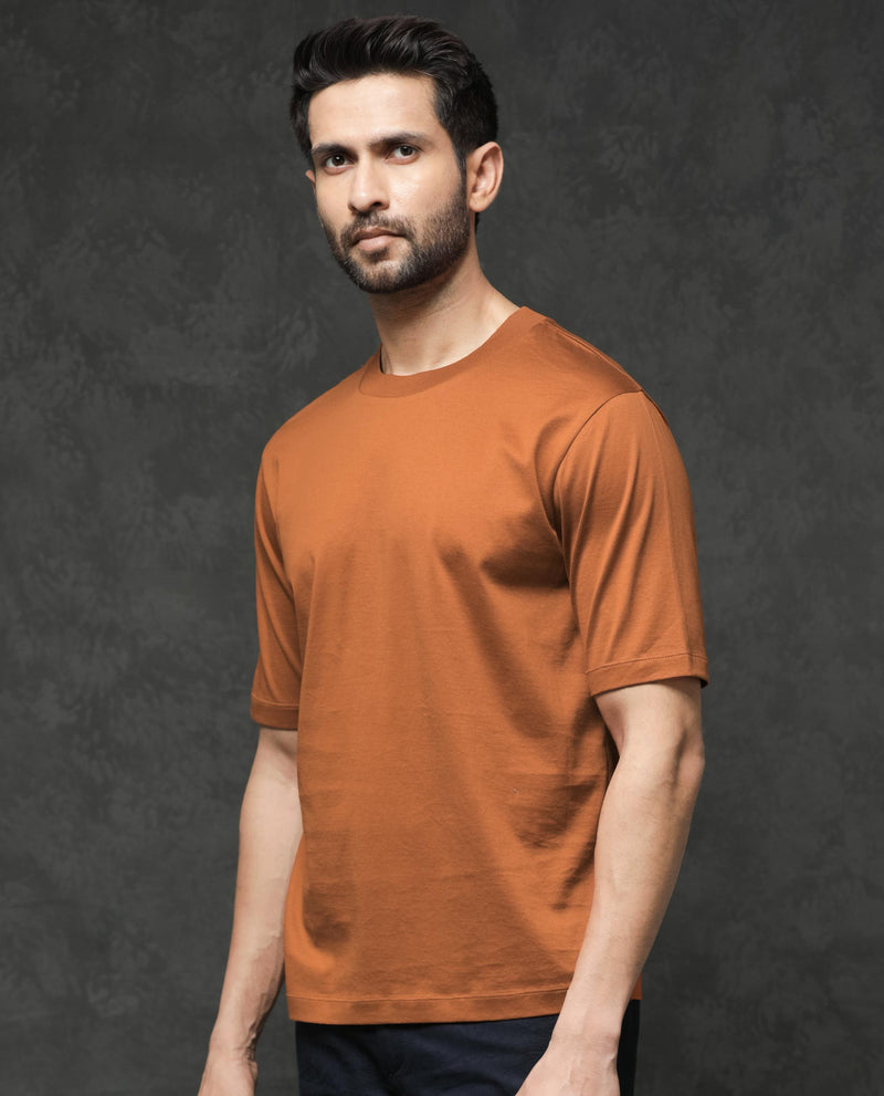 Rare Rabbit Mens Barcelon Rust Cotton Fabric Short Sleeves Oversized Fit Solid T-Shirt