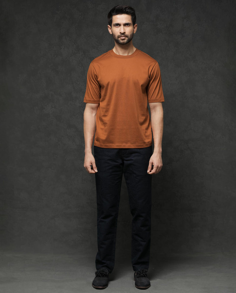 Rare Rabbit Mens Barcelon Rust Cotton Fabric Short Sleeves Oversized Fit Solid T-Shirt