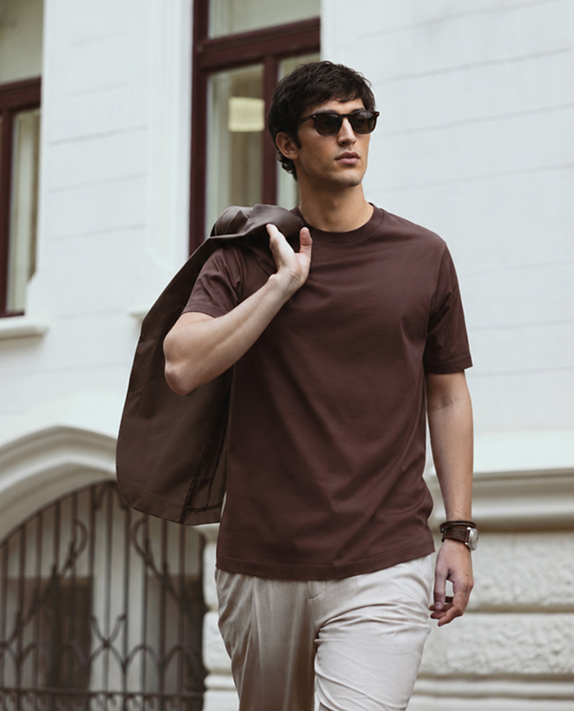 Rare Rabbit Men's Barcelon Dusky Brown Cotton Plain Oversized Fit Half Sleeve Crew Neck T-Shirt