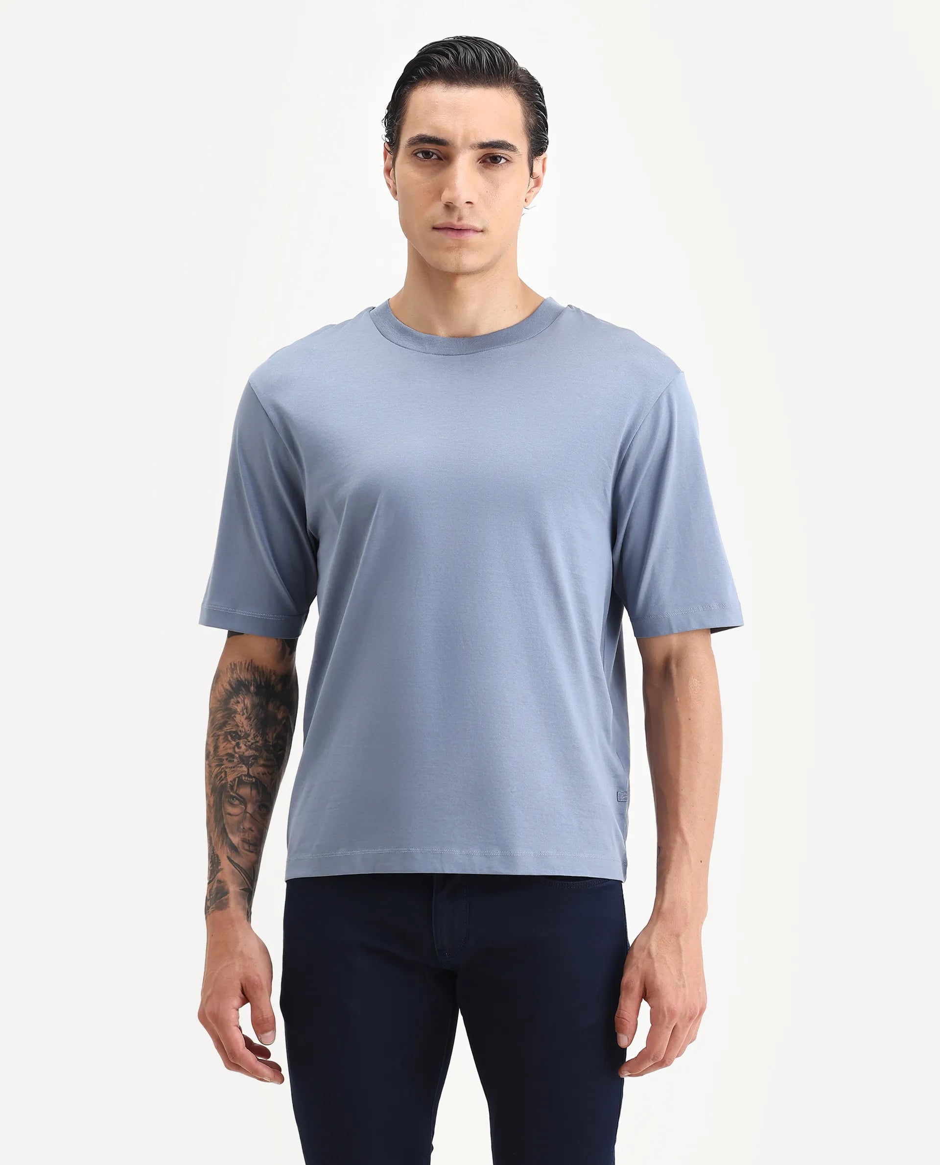 Rare Rabbit Men's Guild Casual Barcelon Dusky Blue Cotton Plain Oversized Fit Half Sleeve Crew Neck T-Shirt
