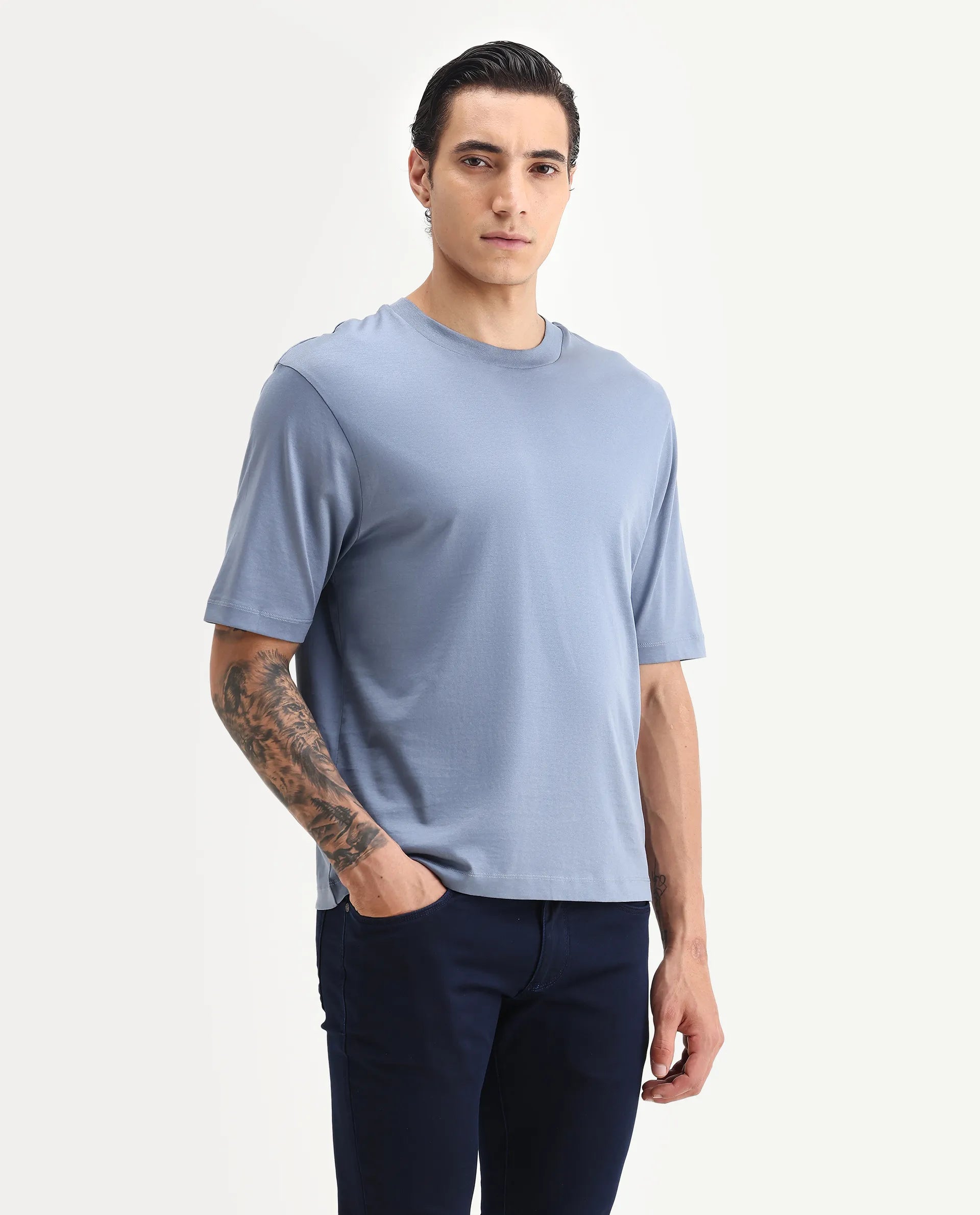 Rare Rabbit Men's Guild Casual Barcelon Dusky Blue Cotton Plain Oversized Fit Half Sleeve Crew Neck T-Shirt