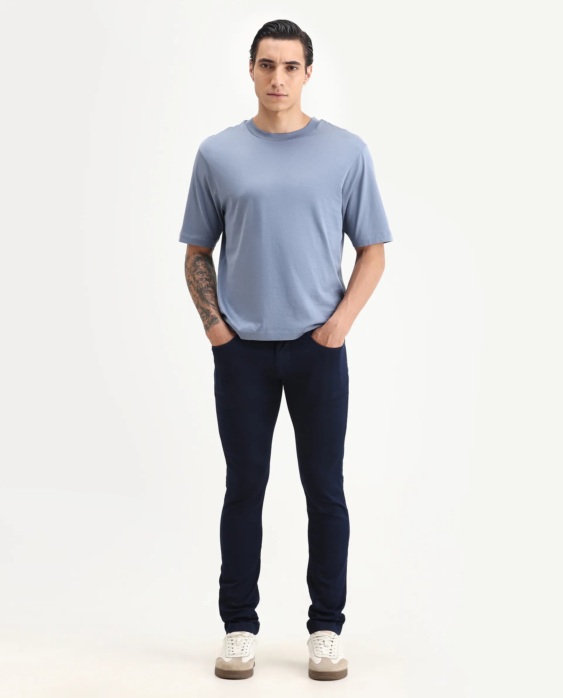 Rare Rabbit Men's Guild Casual Barcelon Dusky Blue Cotton Plain Oversized Fit Half Sleeve Crew Neck T-Shirt