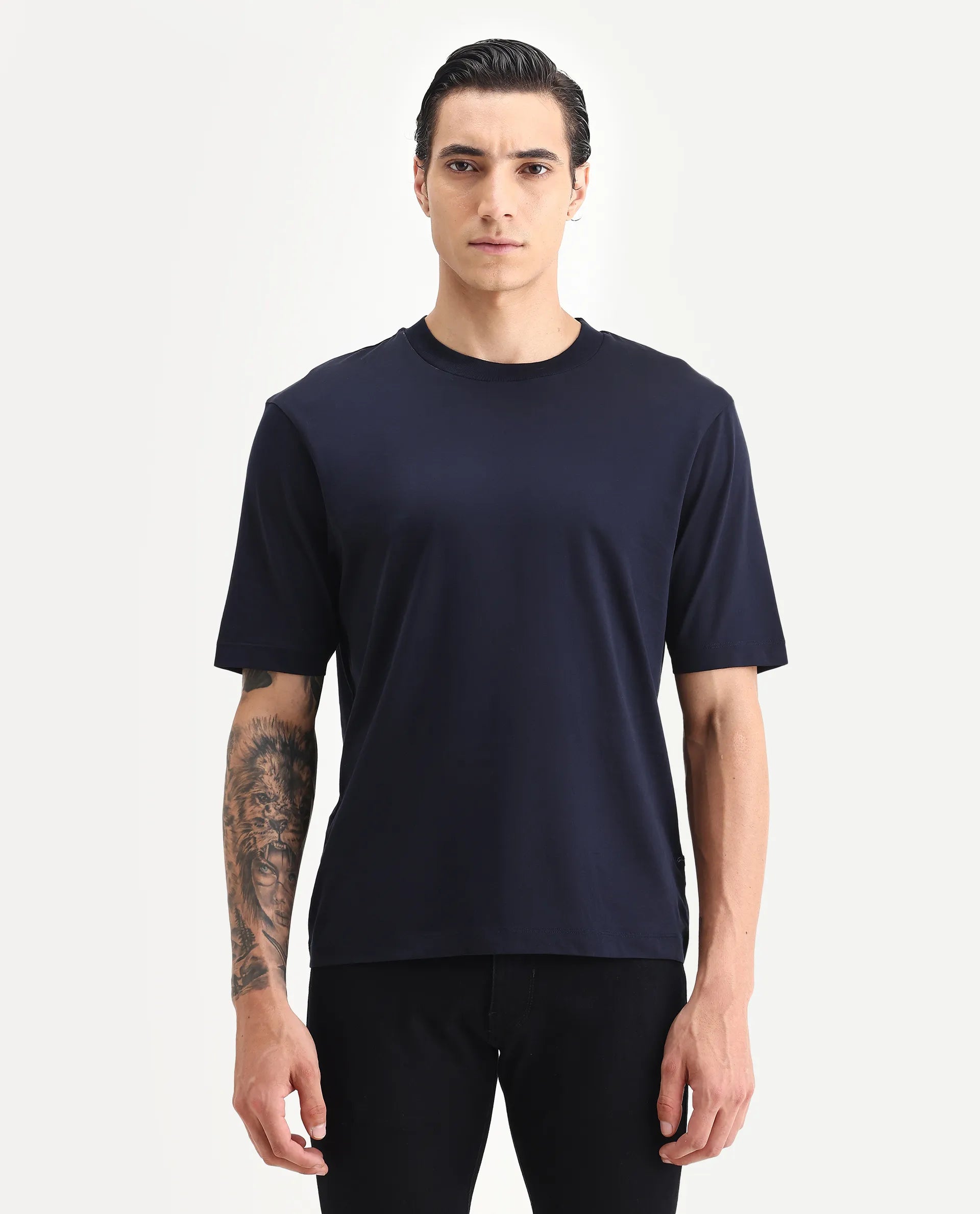 Rare Rabbit Men's Barcelon Navy Cotton Plain Oversized Fit Half Sleeve Crew Neck T-Shirt