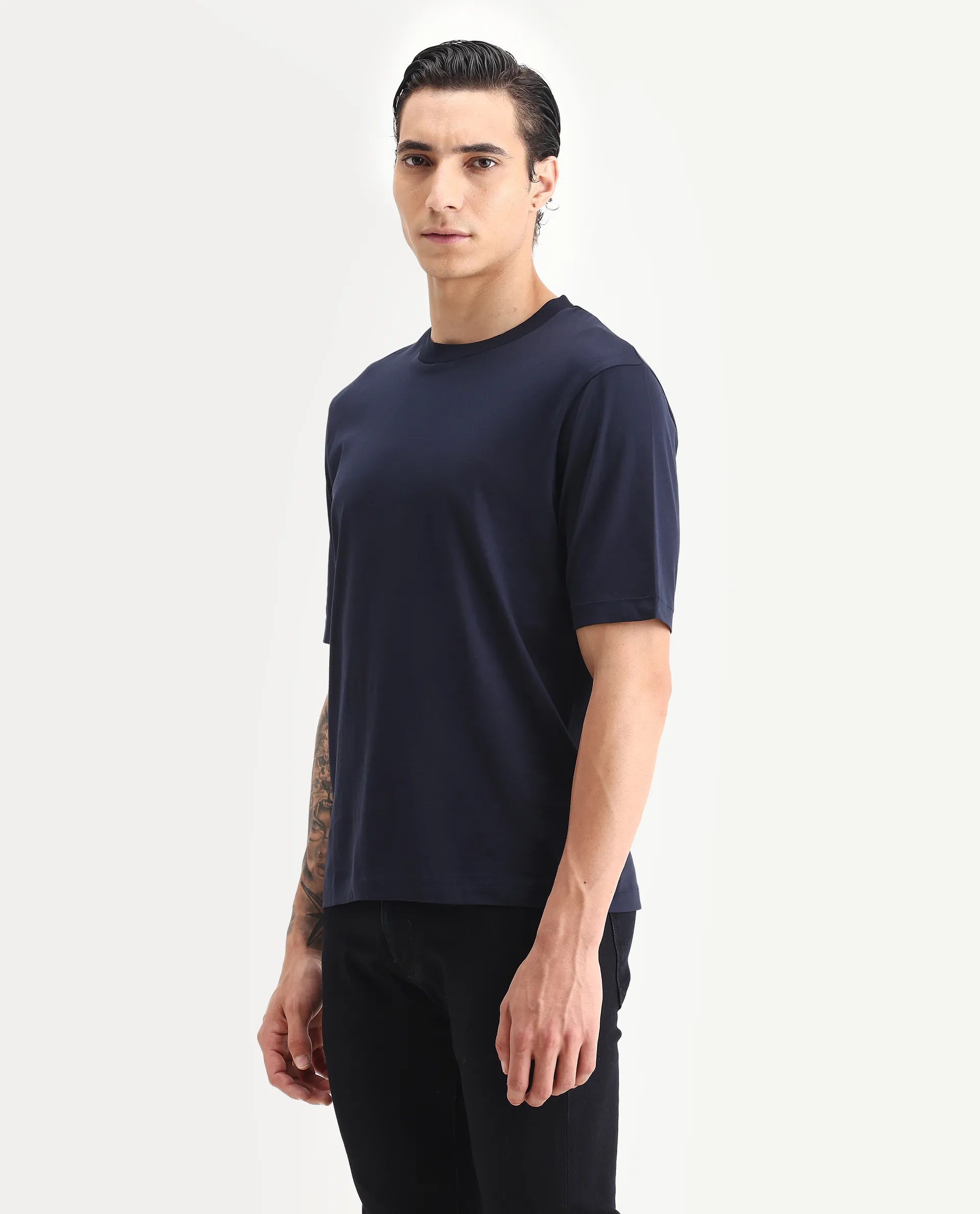 Rare Rabbit Men's Barcelon Navy Cotton Plain Oversized Fit Half Sleeve Crew Neck T-Shirt