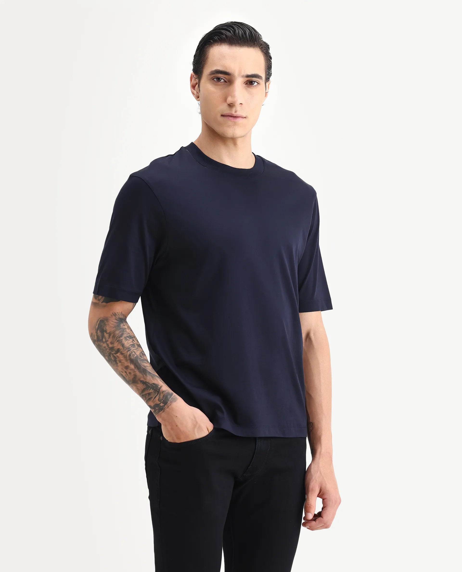 Rare Rabbit Men's Barcelon Navy Cotton Plain Oversized Fit Half Sleeve Crew Neck T-Shirt