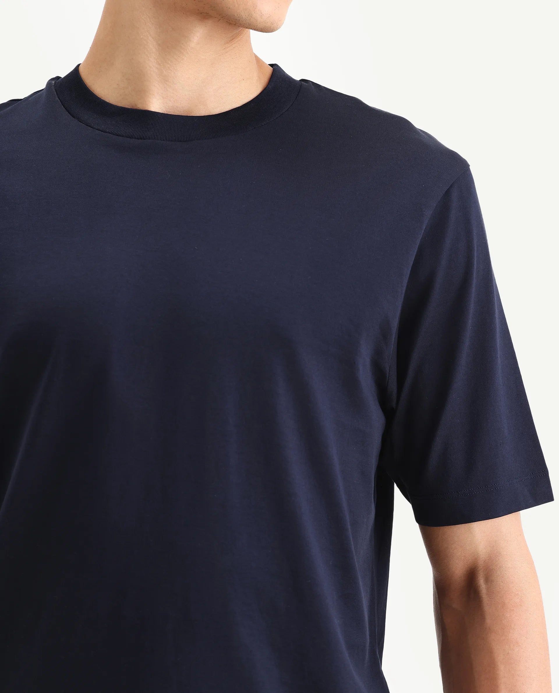 Rare Rabbit Men's Barcelon Navy Cotton Plain Oversized Fit Half Sleeve Crew Neck T-Shirt
