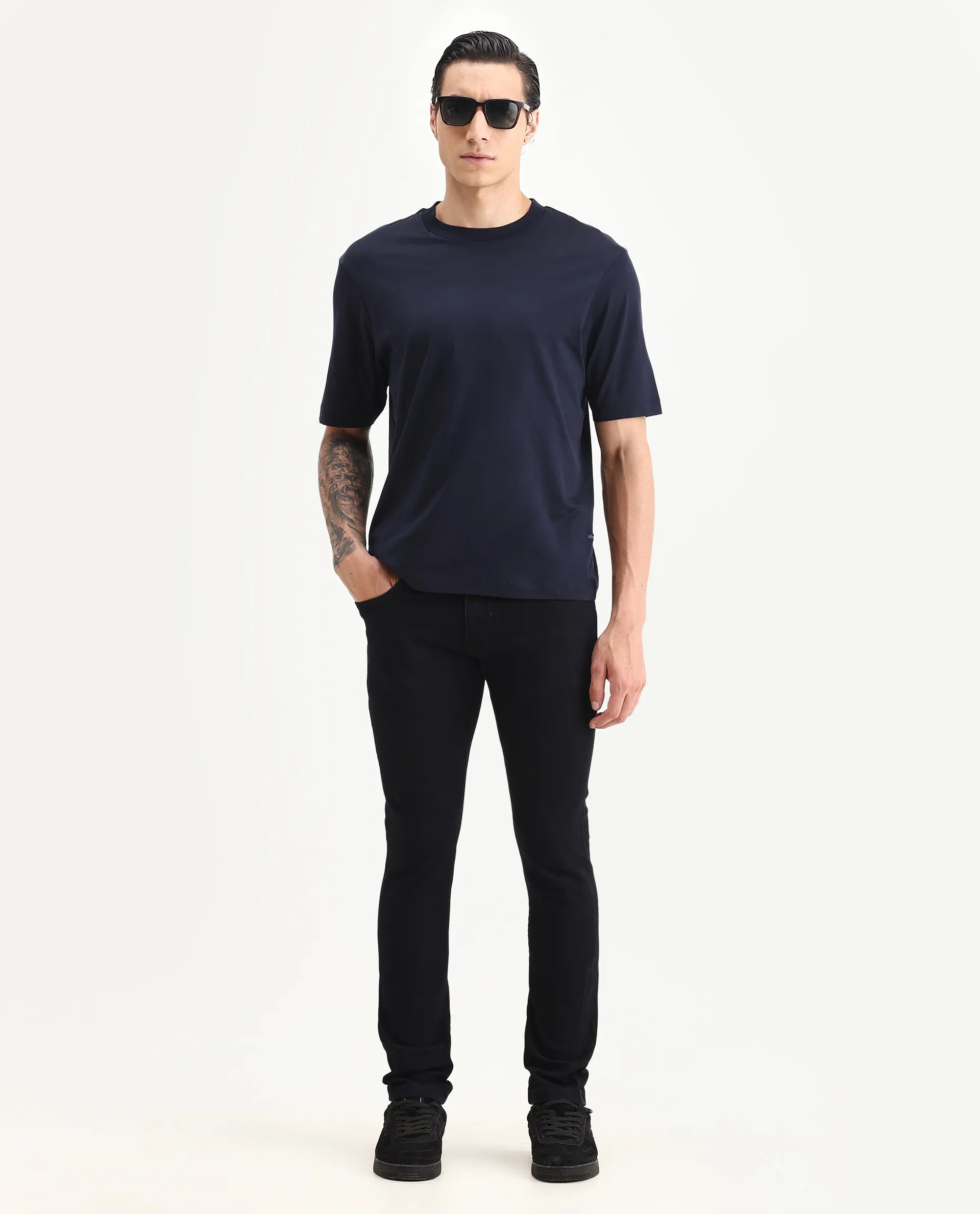 Rare Rabbit Men's Barcelon Navy Cotton Plain Oversized Fit Half Sleeve Crew Neck T-Shirt