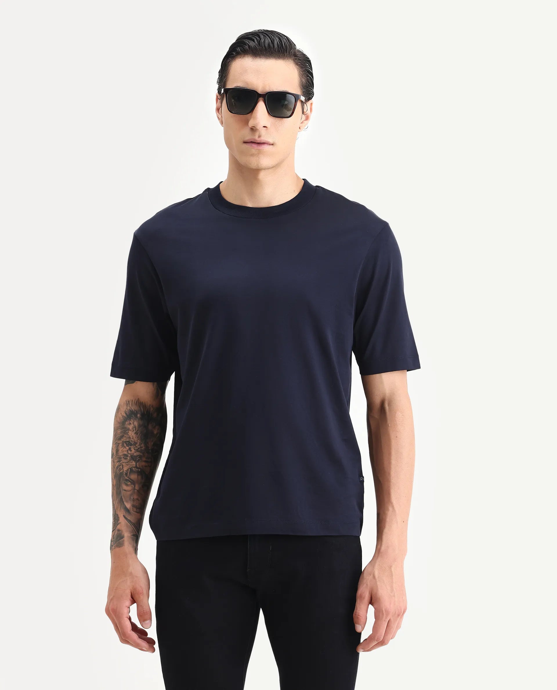 Rare Rabbit Men's Barcelon Navy Cotton Plain Oversized Fit Half Sleeve Crew Neck T-Shirt