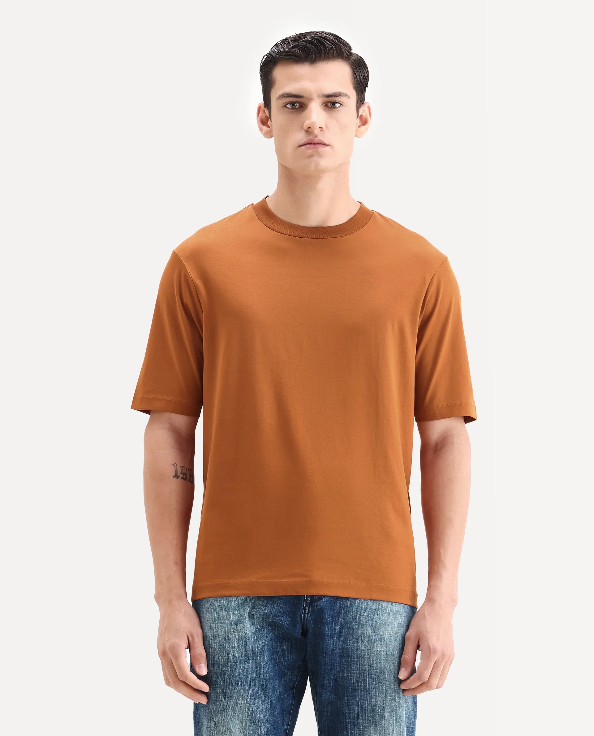 Rare Rabbit Men's Barcelon Rust Cotton Plain Oversized Fit Half Sleeve Crew Neck T-Shirt